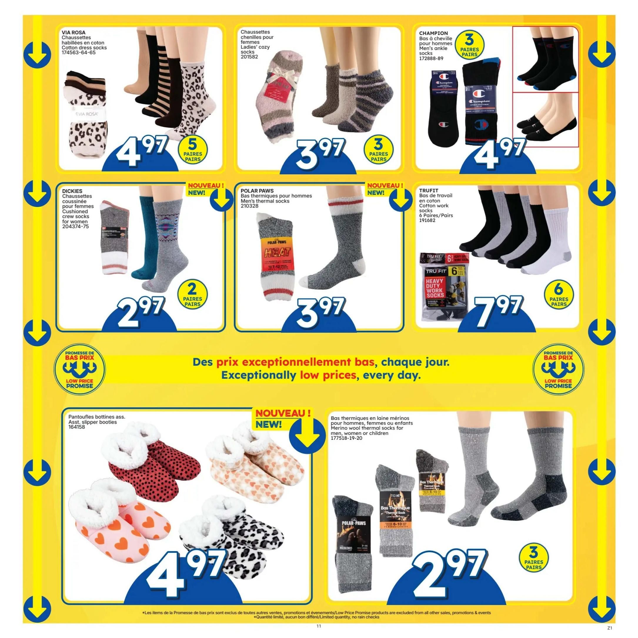 Rossy flyer page 11 featuring a variety of socks and slipper boots. Top row includes VIA ROSA Cotton dress socks in a 5-pair pack for $4.97, Ladies' cozy chenille socks for $3.97, and CHAMPION Men's ankle socks in a 3-pair pack for $4.97. The second row showcases DICKIES Women's cushioned crew socks in a 2-pair pack for $2.97, POLAR PAWS Men's thermal socks for $3.97, and TRUFIT Cotton work socks in a 6-pair pack for $7.97. The bottom section highlights Assorted slipper boots for $4.97 and NEW! Merino wool thermal socks for men, women, or children for $2.97 for a 3-pair pack. The page also features the 'Low Price Promise' slogan.