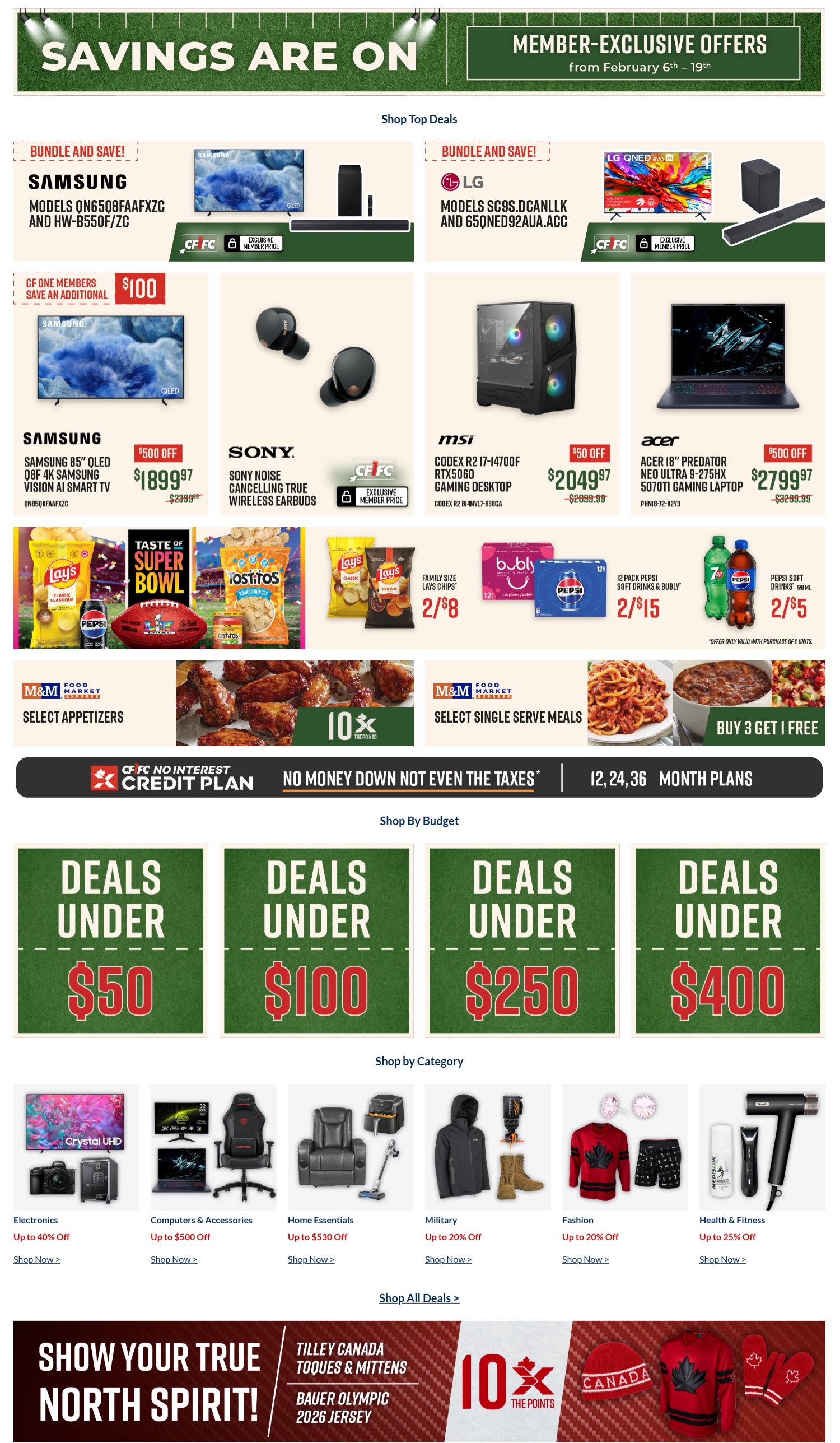 CANEX flyer page 1 featuring member-exclusive offers from February 6th to 19th. Top deals include a Samsung 85' QLED TV and soundbar bundle, LG QNED TV and soundbar bundle, Sony noise-cancelling true wireless earbuds, MSI gaming desktop for $2049.97 (save $50), and an Acer 18' Predator gaming laptop for $2799.97 (save $500). Also featured are family size Lay's chips and Pepsi for 2/$8, 12-pack soft drinks and Bubly for 2/$15, and Pepsi soft drinks for 2/$5. M&M Food Market Express offers select appetizers and single-serve meals with a buy 3 get 1 free deal. Deals are categorized under $50, $100, $250, and $400. Shop by category includes Electronics with up to 40% off, Computers & Accessories up to $500 off, Home Essentials up to $530 off, Military up to 20% off, Fashion up to 20% off, and Health & Fitness up to 25% off. A special promotion for 'Show Your True North Spirit!' features Tilley Canada toques & mittens and a Bauer Olympic 2026 jersey with 10x the points.
