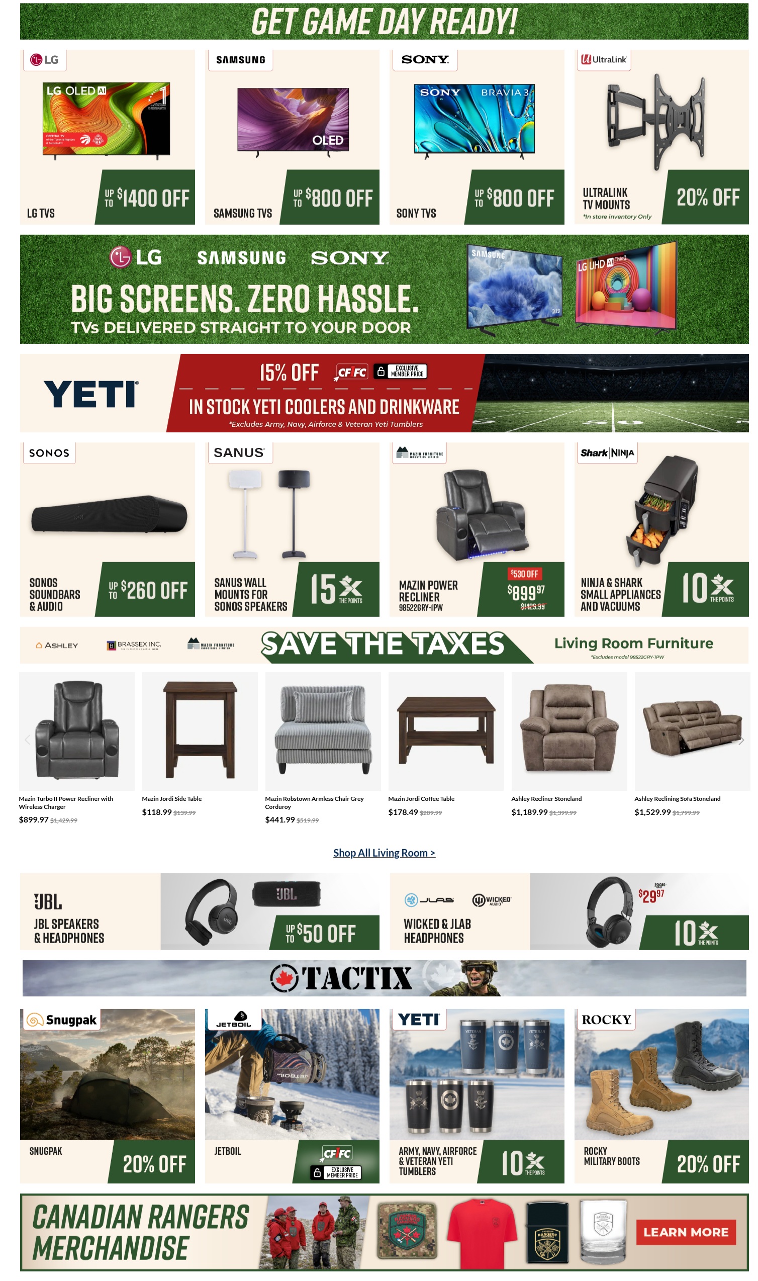 CANEX flyer specials page 2 features a wide range of electronics and home goods. Get game day ready with LG TVs offering up to $1400 off, Samsung TVs with up to $800 off, and Sony TVs with up to $800 off. Ultralink TV Mounts are 20% off. Save on Yeti coolers and drinkware with 15% off. Sonos soundbars and audio are up to $260 off, and Sanus wall mounts for Sonos speakers offer 15% of the points. Save the taxes on living room furniture, including Mazin Turbo II Power Recliner with Wireless Charger for $899.97 (originally $1,429.99), Mazin Jordi Side Table for $118.99 (originally $139.99), Mazin Robstown Armless Chair Grey Corduroy for $441.99 (originally $519.99), Ashley Recliner Stoneland for $1,189.99 (originally $1,399.99), and Ashley Reclining Sofa Stoneland for $1,529.99 (originally $1,799.99). JBL speakers and headphones are up to $50 off, and Wicked & JLAB Headphones are $29.97 with 10% of the points. Snugpak offers 20% off, and Jetboil products have an exclusive member price. Yeti Army, Navy, Airforce & Veteran tumblers are 10% of the points, and Rocky Military Boots are 20% off. Explore Canadian Rangers merchandise with a learn more button.