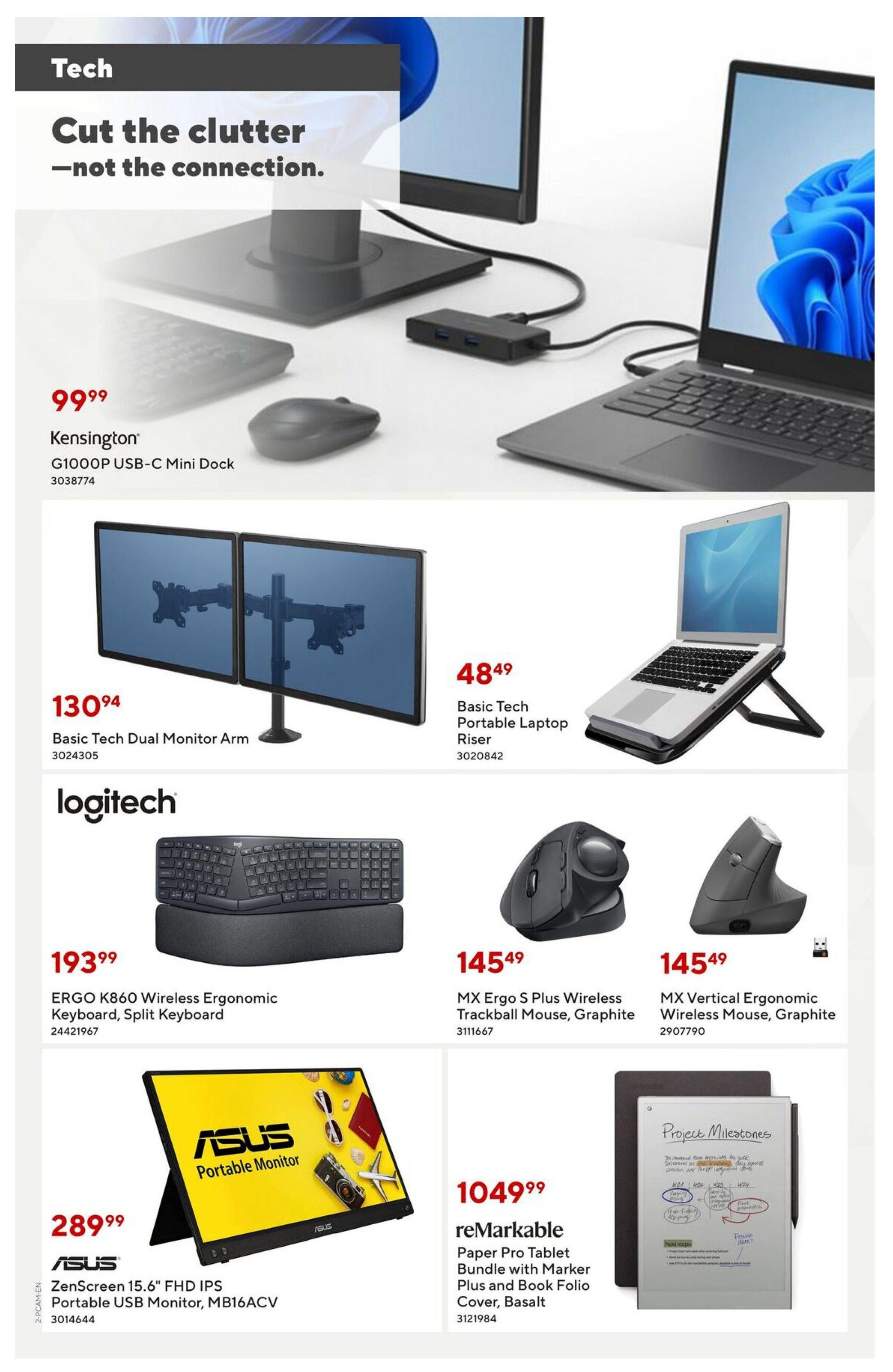Staples Preferred Flyer page 2 features tech accessories. The Kensington G1000P USB-C Mini Dock is priced at $99.99. The Basic Tech Dual Monitor Arm is $130.94, and the Basic Tech Portable Laptop Riser is $48.49. Logitech offers the ERGO K860 Wireless Ergonomic Keyboard, Split Keyboard for $193.99, the MX Ergo S Plus Wireless Trackball Mouse, Graphite for $145.49, and the MX Vertical Ergonomic Wireless Mouse, Graphite for $145.49. The ASUS ZenScreen 15.6' FHD IPS Portable USB Monitor, MB16ACV is available for $289.99. Additionally, the reMarkable Paper Pro Tablet Bundle with Marker Plus and Book Folio Cover, Basalt is $1049.99.