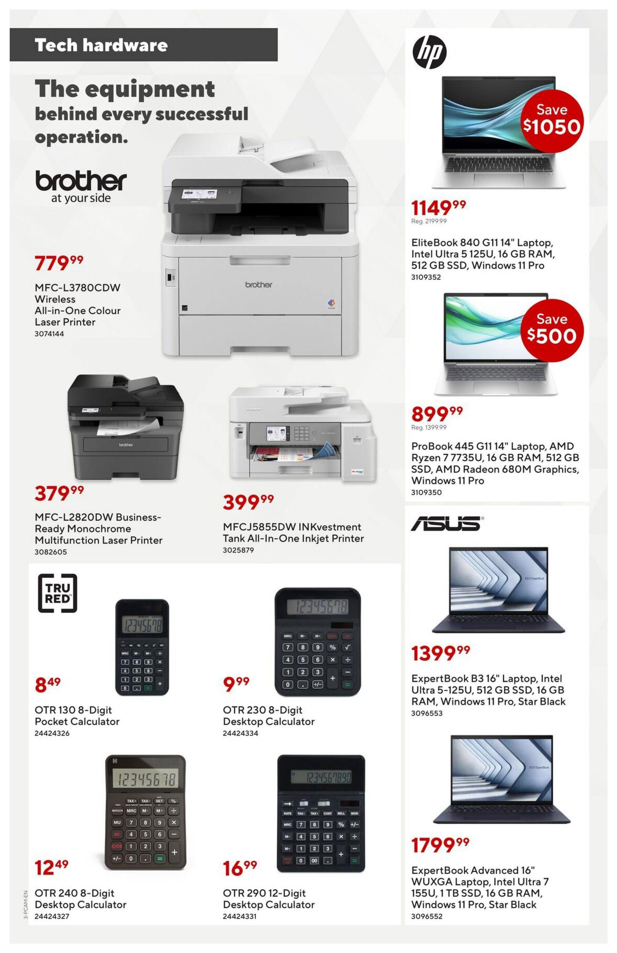 Staples Preferred Flyer, Page 3: Tech hardware section featuring Brother printers and TRU RED calculators, along with HP and ASUS laptops. Offers include the Brother MFC-L3780CDW Wireless All-in-One Colour Laser Printer for $779.99, the Brother MFC-L2820DW Business-Ready Monochrome Multifunction Laser Printer for $379.99, and the Brother MFCJ5855DW INKvestment Tank All-in-One Inkjet Printer for $399.99. Calculators available are the TRU RED OTR 130 8-Digit Pocket Calculator for $8.49, the OTR 230 8-Digit Desktop Calculator for $9.99, the OTR 240 8-Digit Desktop Calculator for $12.49, and the OTR 290 12-Digit Desktop Calculator for $16.99. Laptops featured are the HP EliteBook 840 G11 14' Laptop, Intel Ultra 5 125U, 16 GB RAM, 512 GB SSD, Windows 11 Pro, on sale for $1149.99 (Save $1050), the HP ProBook 445 G11 14' Laptop, AMD Ryzen 7 7735U, 16 GB RAM, 512 GB SSD, AMD Radeon 680M Graphics, Windows 11 Pro, for $899.99 (Save $500), the ASUS ExpertBook B3 16' Laptop, Intel Ultra 5-125U, 512 GB SSD, 16 GB RAM, Windows 11 Pro, Star Black, for $1399.99, and the ASUS ExpertBook Advanced 16' WUXGA Laptop, Intel Ultra 7 155U, 1 TB SSD, 16 GB RAM, Windows 11 Pro, Star Black, for $1799.99.