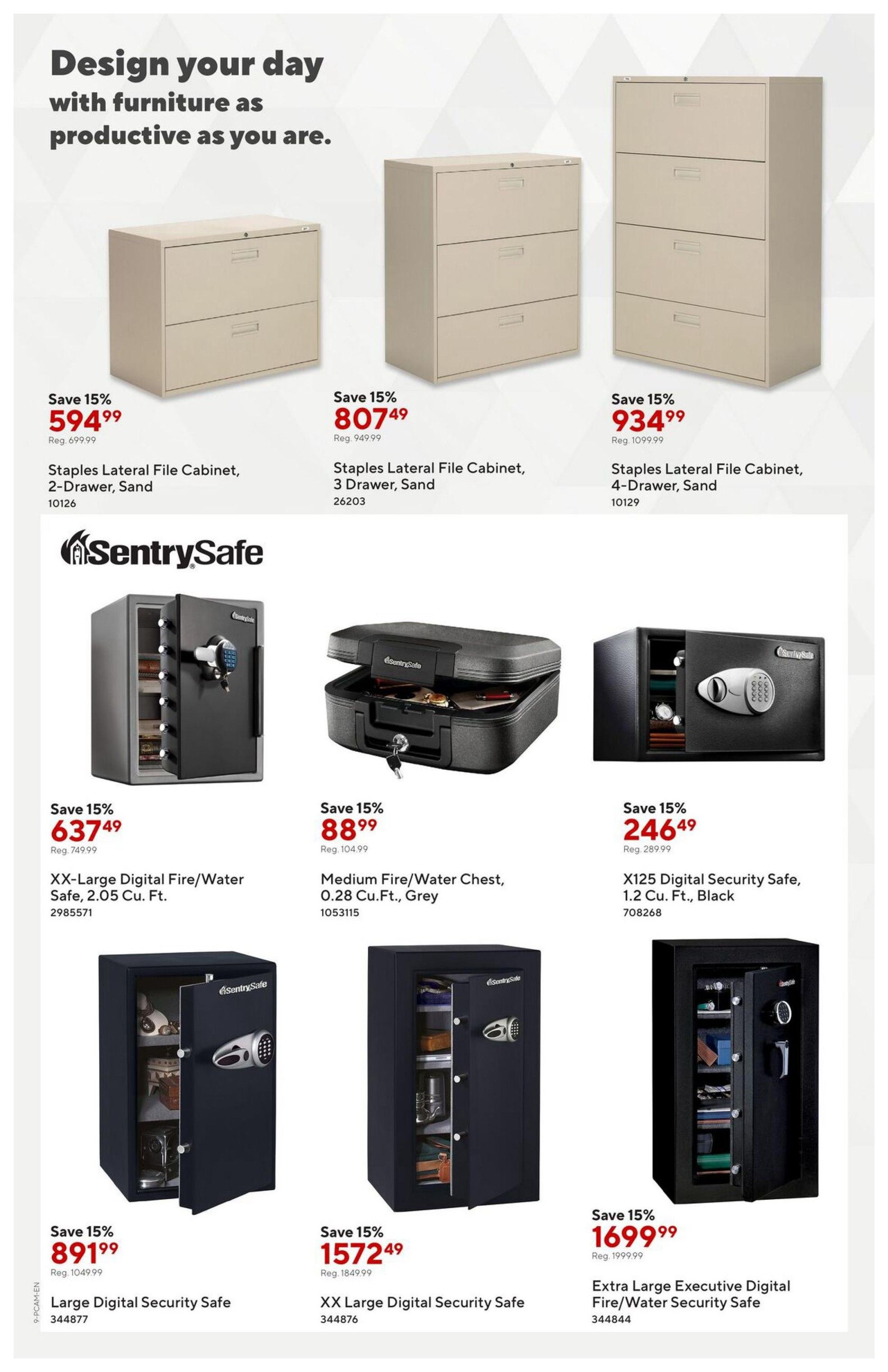 Staples flyer page 9 features furniture and security safes. Save 15% on Staples Lateral File Cabinets in Sand: 2-drawer for $594.99 (reg. $699.99), 3-drawer for $807.49 (reg. $949.99), and 4-drawer for $934.99 (reg. $1099.99). Also on sale, SentrySafe products: XX-Large Digital Fire/Water Safe, 2.05 Cu. Ft. for $637.49 (reg. $749.99); Medium Fire/Water Chest, 0.28 Cu.Ft., Grey for $88.99 (reg. $104.99); and X125 Digital Security Safe, 1.2 Cu. Ft., Black for $246.49 (reg. $289.99). Additional SentrySafe items include Large Digital Security Safe for $891.99 (reg. $1049.99), XX Large Digital Security Safe for $1572.49 (reg. $1849.99), and Extra Large Executive Digital Fire/Water Security Safe for $1699.99 (reg. $1999.99). All items show a 15% saving.