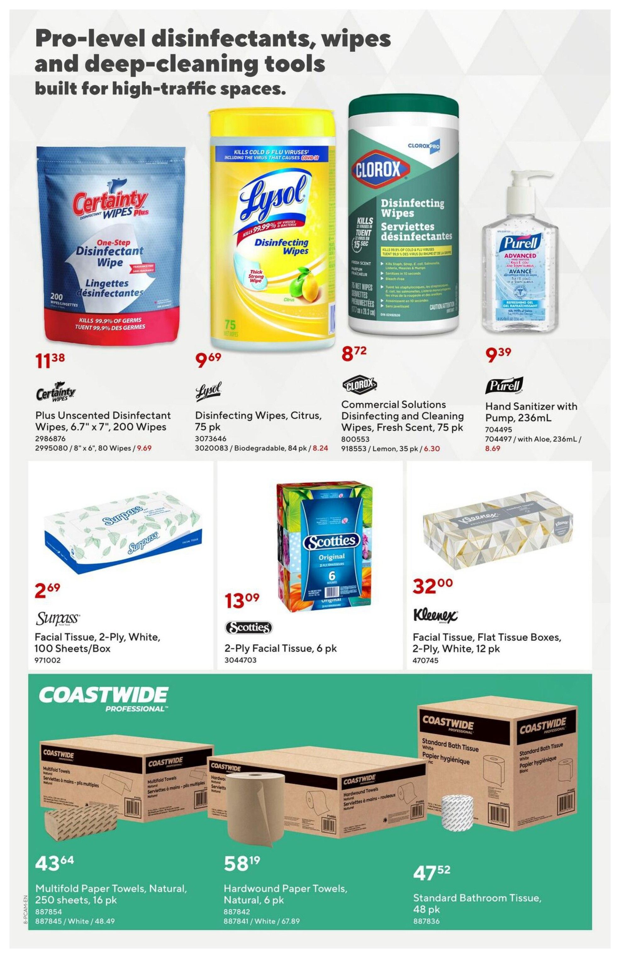 Staples flyer page 11 features pro-level disinfectants, wipes, and deep-cleaning tools. Products include Certainty Plus Unscented Disinfectant Wipes, 6.7' x 7', 200 Wipes for $11.38; Lysol Disinfecting Wipes, Citrus, 75 pk for $9.69; Clorox Commercial Solutions Disinfecting and Cleaning Wipes, Fresh Scent, 75 pk for $8.72; and Purell Hand Sanitizer with Pump, 236mL for $9.39, with an option for Aloe for $8.69. Also available are Surpass Facial Tissue, 2-Ply, White, 100 Sheets/Box for $2.69; Scotties 2-Ply Facial Tissue, 6 pk for $13.09; and Kleenex Facial Tissue, Flat Tissue Boxes, 2-Ply, White, 12 pk for $32.00. The bottom section showcases Coastwide Professional products: Multifold Paper Towels, Natural, 250 sheets, 16 pk for $43.64; Hardwound Paper Towels, Natural, 6 pk for $58.19; and Standard Bathroom Tissue, 48 pk for $47.52.