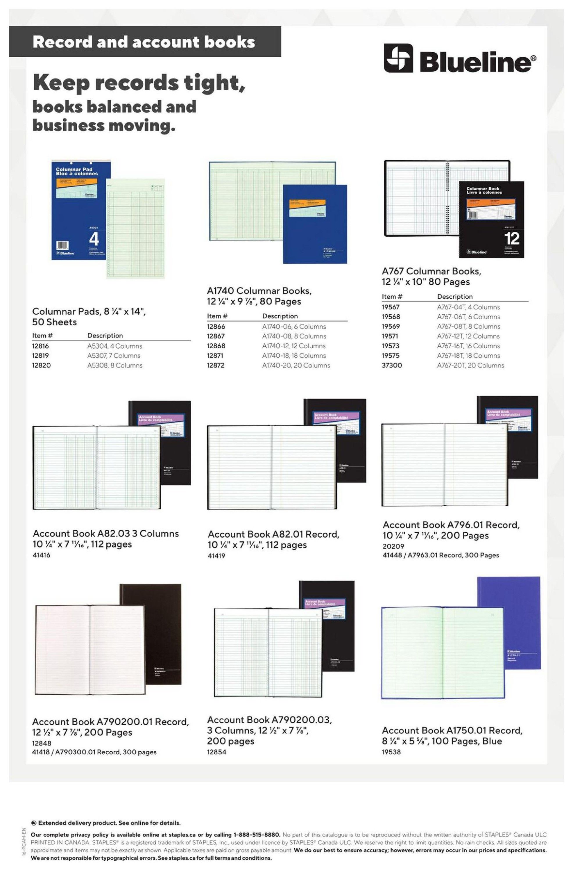 Staples flyer page featuring record and account books. Products include Columnar Pads, 8 1/4' x 14', 50 Sheets with descriptions like A5304, 4 Columns (Item # 12816), A5307, 7 Columns (Item # 12819), and A5308, 8 Columns (Item # 12820). Also available are A1740 Columnar Books, 12 1/4' x 9 7/8', 80 Pages, with options for 6, 8, 12, 18, and 20 columns. Additionally, A767 Columnar Books, 12 1/4' x 10', 80 Pages, are shown with 4 to 20 columns. Various account books are displayed, including Account Book A82.03 3 Columns, 10 1/4' x 7 1/16', 112 pages (Item # 41416); Account Book A82.01 Record, 10 1/4' x 7 1/16', 112 pages (Item # 41419); Account Book A796.01 Record, 10 1/4' x 7 1/16', 200 Pages (Item # 20209) and A7963.01 Record, 300 Pages (Item # 41448); Account Book A790200.01 Record, 12 1/2' x 7 7/8', 200 Pages (Item # 12848) and A790300.01 Record, 300 pages; Account Book A790200.03, 3 Columns, 12 1/2' x 7 7/8', 200 pages (Item # 12854); and Account Book A1750.01 Record, 8 1/4' x 5 5/8', 100 Pages, Blue (Item # 19538). Extended delivery product information is available online.