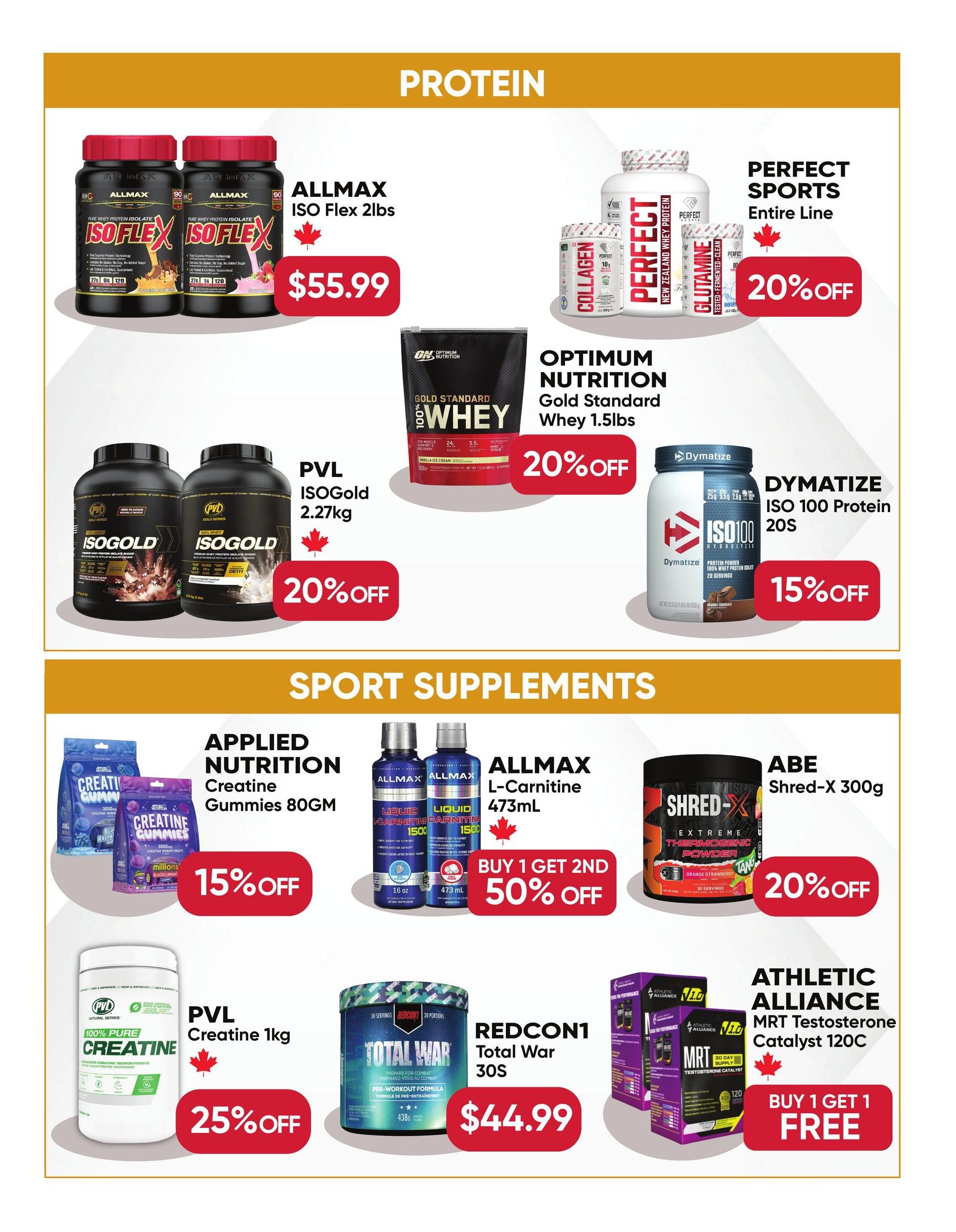 Healthy Planet flyer specials page 2 features Protein and Sport Supplements. Protein section includes ALLMAX ISO Flex 2lbs for $55.99, PERFECT SPORTS Entire Line with 20% off, OPTIMUM NUTRITION Gold Standard Whey 1.5lbs with 20% off, PVL ISO Gold 2.27kg with 20% off, and DYMATIZE ISO 100 Protein 20S with 15% off. Sport Supplements section includes APPLIED NUTRITION Creatine Gummies 80GM with 15% off, ALLMAX L-Carnitine 473mL with Buy 1 Get 2nd 50% off, ABE Shred-X 300g with 20% off, PVL Creatine 1kg with 25% off, REDCON1 Total War 30S for $44.99, and ATHLETIC ALLIANCE MRT Testosterone Catalyst 120C with Buy 1 Get 1 Free.