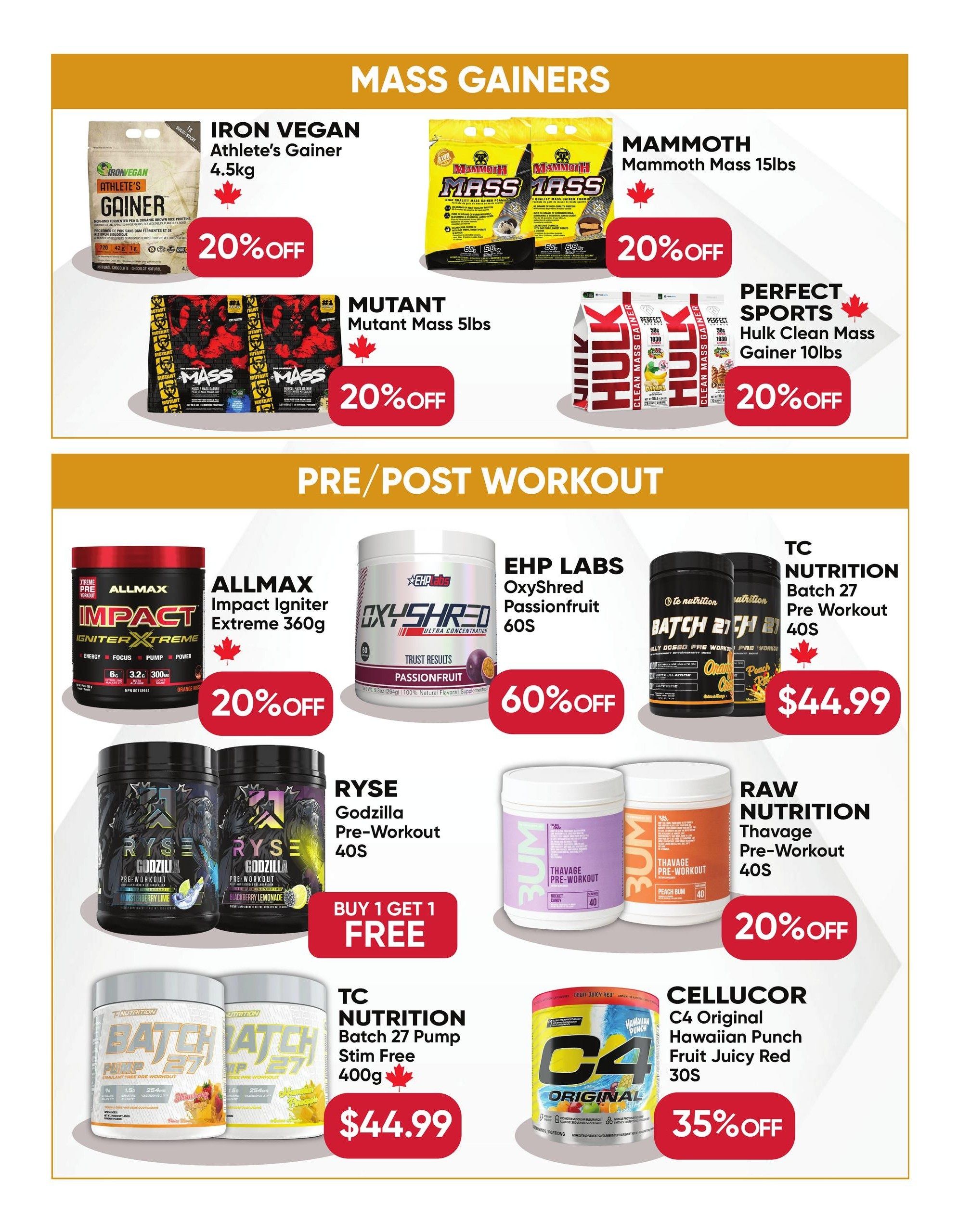 Healthy Planet flyer specials page 3 features Mass Gainers and Pre/Post Workout supplements. Mass Gainers include Iron Vegan Athlete's Gainer 4.5kg with 20% off, Mammoth Mass 15lbs with 20% off, Mutant Mutant Mass 5lbs with 20% off, and Perfect Sports Hulk Clean Mass Gainer 10lbs with 20% off. Pre/Post Workout products include ALLMAX Impact Igniter Extreme 360g with 20% off, EHP LABS OxyShred Passionfruit 60S at 60% off, RYSE Godzilla Pre-Workout 40S with a Buy 1 Get 1 Free offer, TC NUTRITION Batch 27 Pre Workout 40S for $44.99, RAW NUTRITION Thavage Pre-Workout 40S with 20% off, TC NUTRITION Batch 27 Pump Stim Free 400g for $44.99, and CELLUCOR C4 Original Hawaiian Punch Fruit Juicy Red 30S with 35% off.
