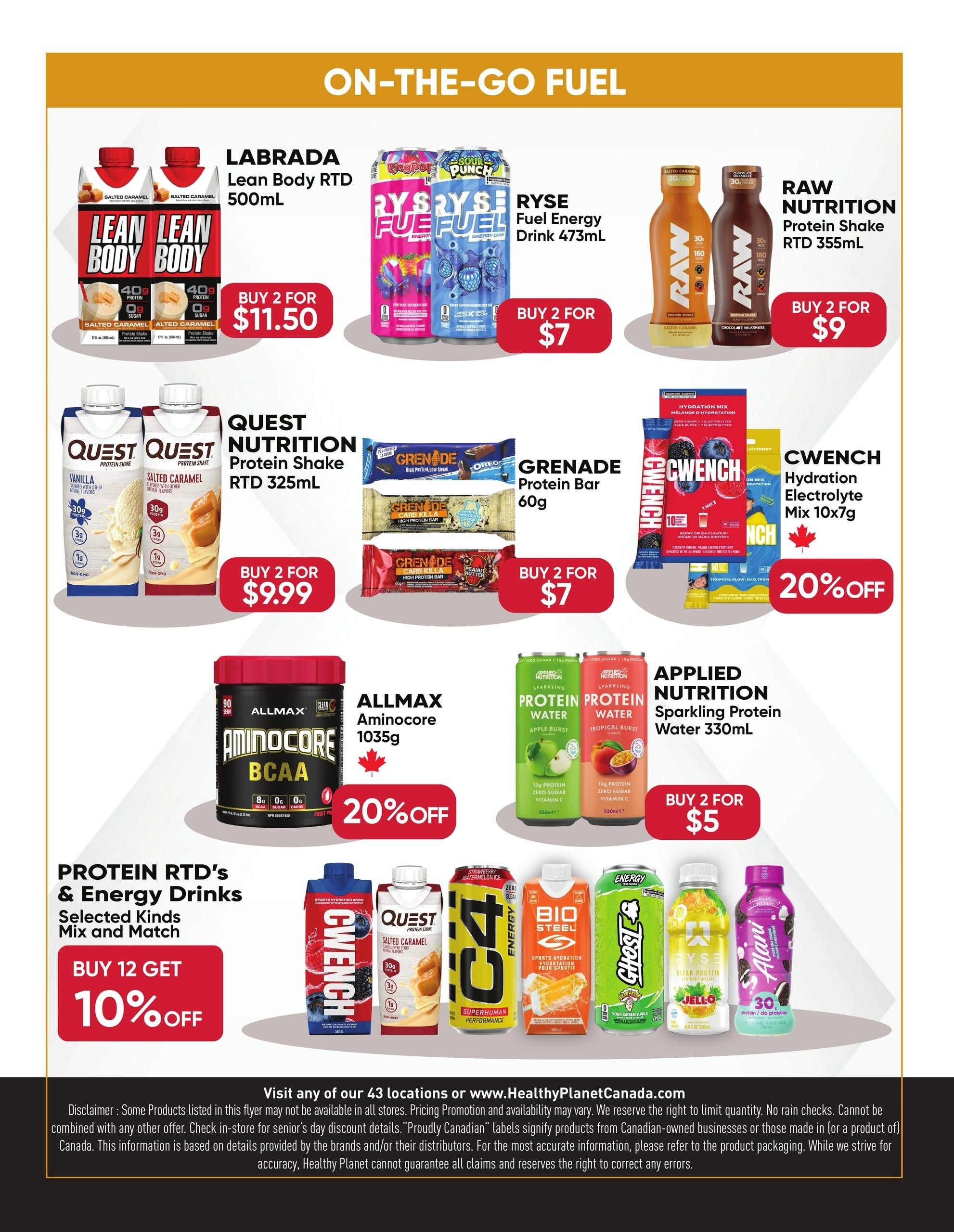 Healthy Planet flyer specials page 4 features 'On-The-Go Fuel' with various protein shakes, energy drinks, and hydration mixes. Featured products include Labrada Lean Body RTD 500mL, buy 2 for $11.50; RYSE Fuel Energy Drink 473mL, buy 2 for $7; Raw Nutrition Protein Shake RTD 355mL, buy 2 for $9; Quest Nutrition Protein Shake RTD 325mL, buy 2 for $9.99; Grenade Protein Bar 60g, buy 2 for $7; CwEnch Hydration Electrolyte Mix 10x7g, 20% off; Allmax Aminocore 1035g, 20% off; and Applied Nutrition Sparkling Protein Water 330mL, buy 2 for $5. Also available is a 'Protein RTD's & Energy Drinks' mix and match offer: buy 12 get 10% off, featuring brands like CwEnch, Quest, C4, Bio Steel, Ghost, Ryse, and Alani.