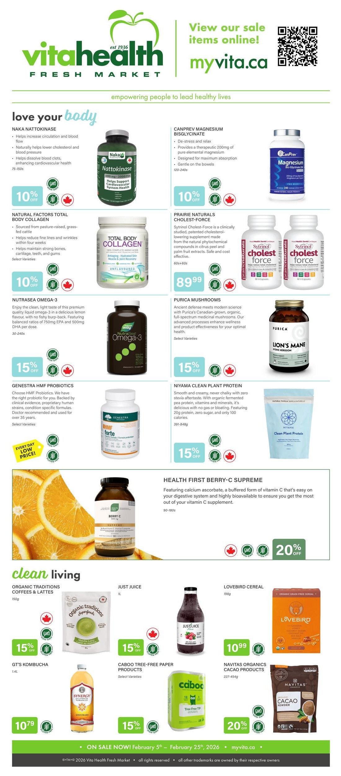 Vita Health Fresh Market flyer page featuring health and wellness products. Top section includes Naka Nattokinase with 10% off, Canprev Magnesium Bisglycinate with 10% off, Natural Factors Total Body Collagen, Prairie Naturals Cholest-Force for $89.99, Nutrasea Omega-3 with 15% off, Purica Mushrooms, Genestra HMF Probiotics with 15% off, Niyama Clean Plant Protein with 15% off, and Health First Berry-C Supreme with 20% off. The 'clean living' section showcases Organic Traditions Coffees & Lattes with 15% off, Just Juice, Lovebird Cereal for $10.99, GT's Kombucha for $10.79, Caboo Tree-Free Paper Products with 15% off, and Navitas Organics Cacao Products with 20% off. The flyer is on sale from February 5th to February 25th, 2026.