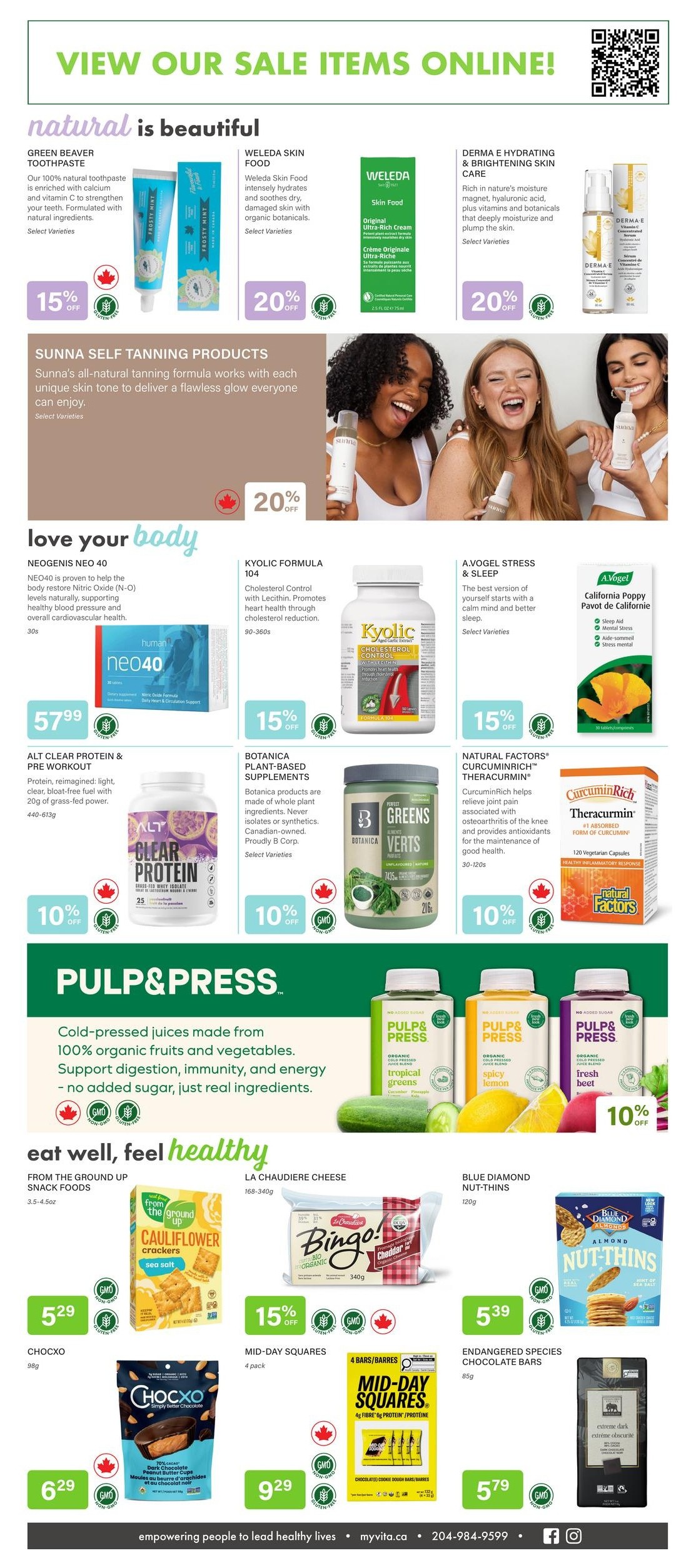 Vita Health Fresh Market flyer page 3 features a variety of natural and healthy products. Top section highlights 'natural is beautiful' with Green Beaver Toothpaste, Weleda Skin Food, and Derma E Hydrating & Brightening Skin Care, all with discounts. Sunna Self Tanning Products are also featured with a 20% off discount. The 'love your body' section includes Neogenis Neo 40 for $5.79, Kyolic Formula 104 at 15% off, and A.Vogel Stress & Sleep products with a 15% discount, including California Poppy. Also featured are Alt Clear Protein & Pre Workout with 10% off, Botanica Plant-Based Supplements with 10% off, and Natural Factors CurcuminRich Theracurmin at 10% off. The 'Pulp & Press' section showcases cold-pressed juices with 10% off. The 'eat well, feel healthy' section includes From The Ground Up Cauliflower Crackers for $5.29, La Chaudiere Cheese at 15% off, Chocxo Chocolate Bars for $6.29, Mid-Day Squares for $9.29, Blue Diamond Nut-Thins for $5.39, and Endangered Species Chocolate Bars for $5.79.