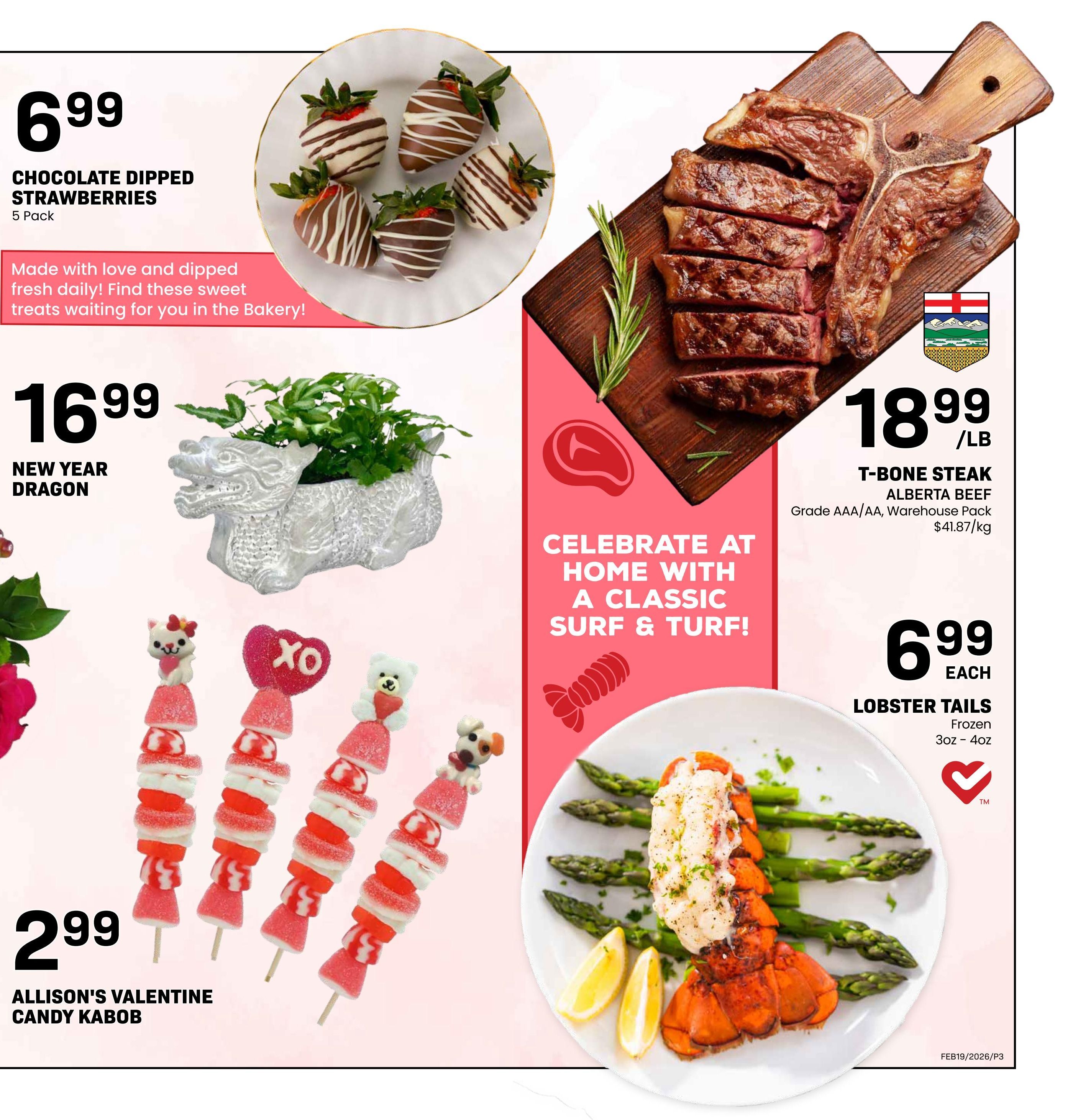 Freson Bros weekly flyer specials page 3 features Chocolate Dipped Strawberries 5 Pack for $6.99, a New Year Dragon planter for $16.99, and Allison's Valentine Candy Kabob for $2.99. The page also highlights T-Bone Steak Alberta Beef, Grade AAA/AA, Warehouse Pack for $18.99/lb ($41.87/kg), and Frozen Lobster Tails (3oz - 4oz) for $6.99 each. A banner reads 'Celebrate at Home with a Classic Surf & Turf!'