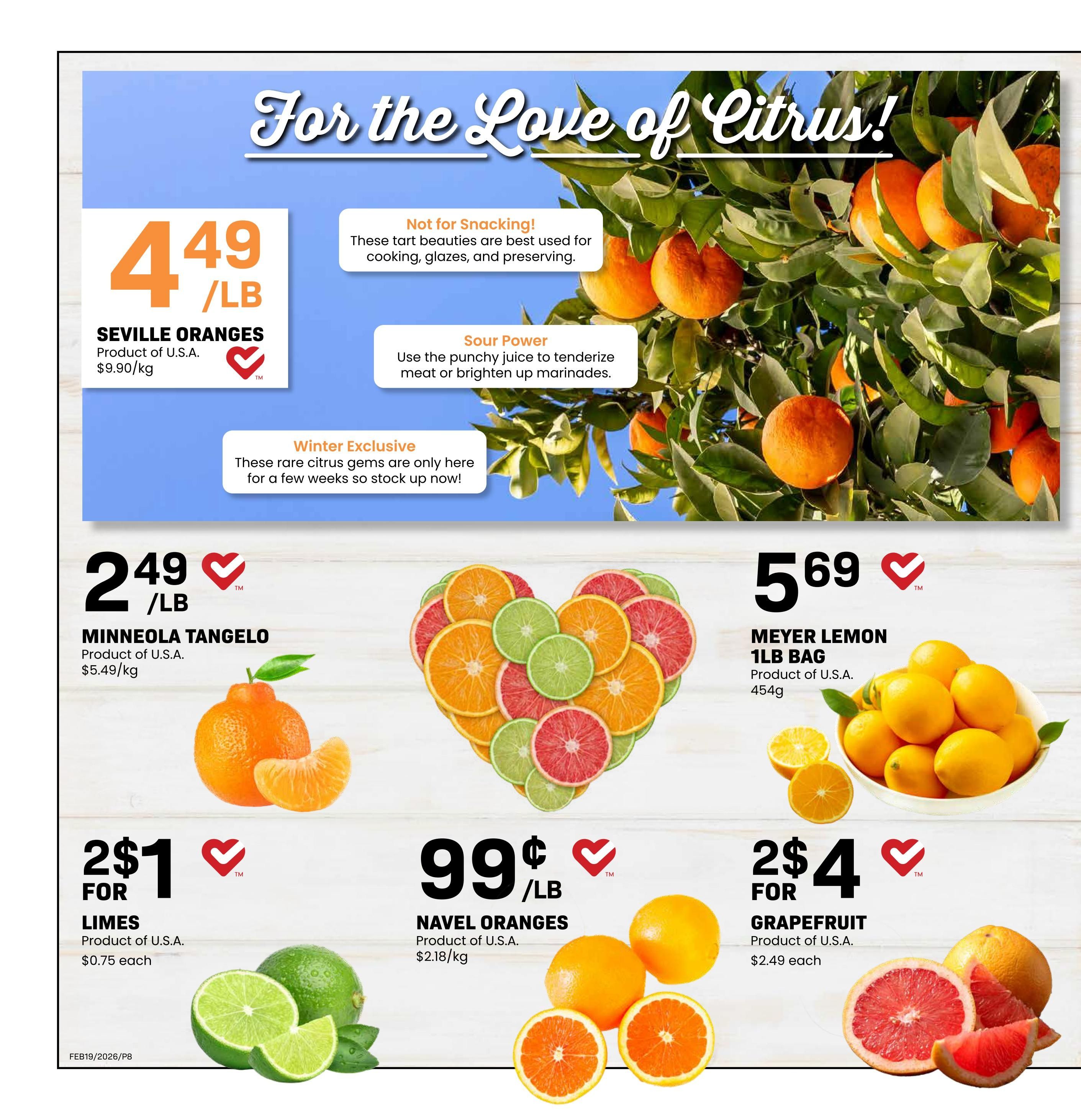 Freson Bros weekly flyer specials page 8 features a 'For the Love of Citrus!' theme. Featured items include Seville Oranges at $4.49/lb, described as tart and best for cooking, glazing, and preserving. Minneola Tangelo are on sale for $2.49/lb. A 1lb bag of Meyer Lemons is priced at $5.69. Limes are 2 for $1, with individual limes priced at $0.75 each. Navel Oranges are 99 cents/lb. Grapefruit is 2 for $4, with individual grapefruits priced at $2.49 each. The page also includes a heart-shaped arrangement of sliced citrus fruits.