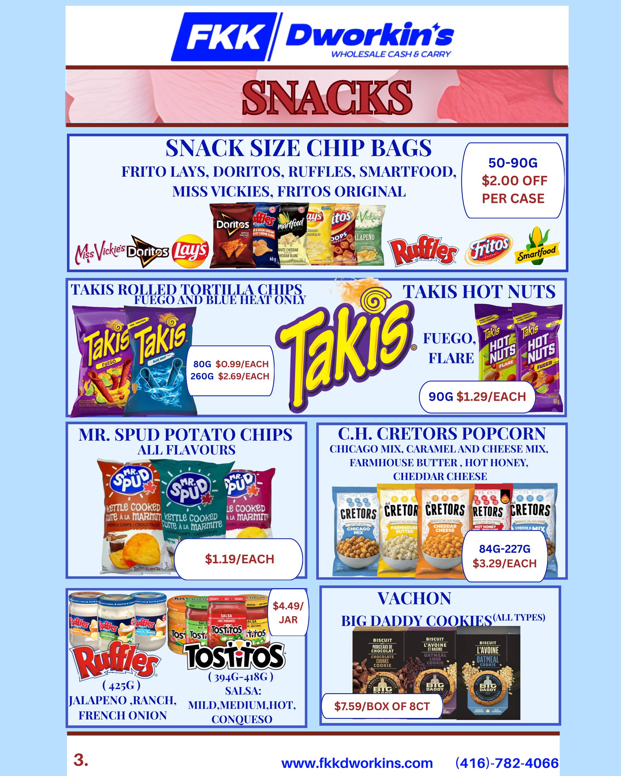 FKK Dworkin's Wholesale flyer specials page 3 features a variety of snacks. Snack Size Chip Bags from Frito Lays, Doritos, Ruffles, Smartfood, Miss Vickies, and Fritos Original are available with a $2.00 off per case discount on 50-90G bags. Takis Rolled Tortilla Chips in Fuego and Blue Heat flavours are priced at $0.99 each for 80G bags and $2.69 each for 260G bags. Takis Hot Nuts in Fuego and Flare flavours are $1.29 each for 90G bags. Mr. Spud Potato Chips in all flavours are $1.19 each. C.H. Cretors Popcorn in Chicago Mix, Caramel and Cheese Mix, Farmhouse Butter, Hot Honey, and Cheddar Cheese varieties are $3.29 each for 84G-227G bags. Ruffles dips in Dijon/Onion, Jalapeno, and Ranch flavours are $4.49 per jar. Tostitos Salsa in Mild, Medium, Hot, and ConQuesso flavours (394G-418G) are also $4.49 per jar. Vachon Big Daddy Cookies (all types), including Chocolate Chunks and Oatmeal Raisin, are $7.59 per box of 8CT.