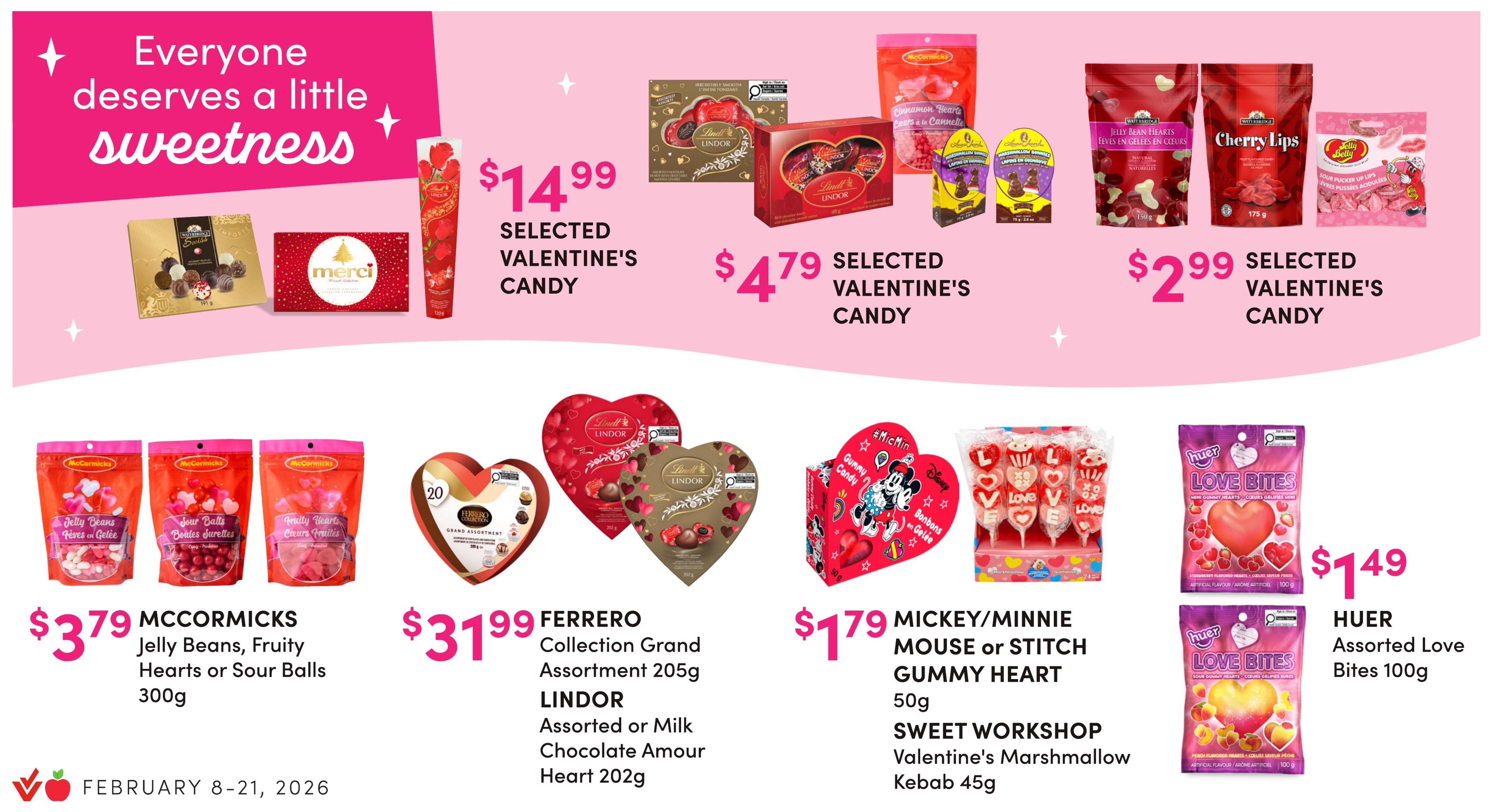 Apple Drugs flyer page 3 features a variety of candy and snack deals. Russell Stover Assorted No Sugar Added Candy (56g-150g) is $4.99. Zoraw Assorted No Sugar Added Chocolate Bars are 2 for $7.00. Almond Roca Assorted Hearts (80g-173g) are $8.29. Waterbridge Belgian Chocolate Hearts (177g) are $11.99. Hershey's Galentine Box (217g) is also available. Altoids, Skittles, or Starburst Assorted Candy (50g-170g) are 2 for $7.00. Hawkins Cheezies (285g) are $3.99. Reese's Red Velvet Miniatures (200g) are $5.99. The flyer is valid from February 8-21, 2026.