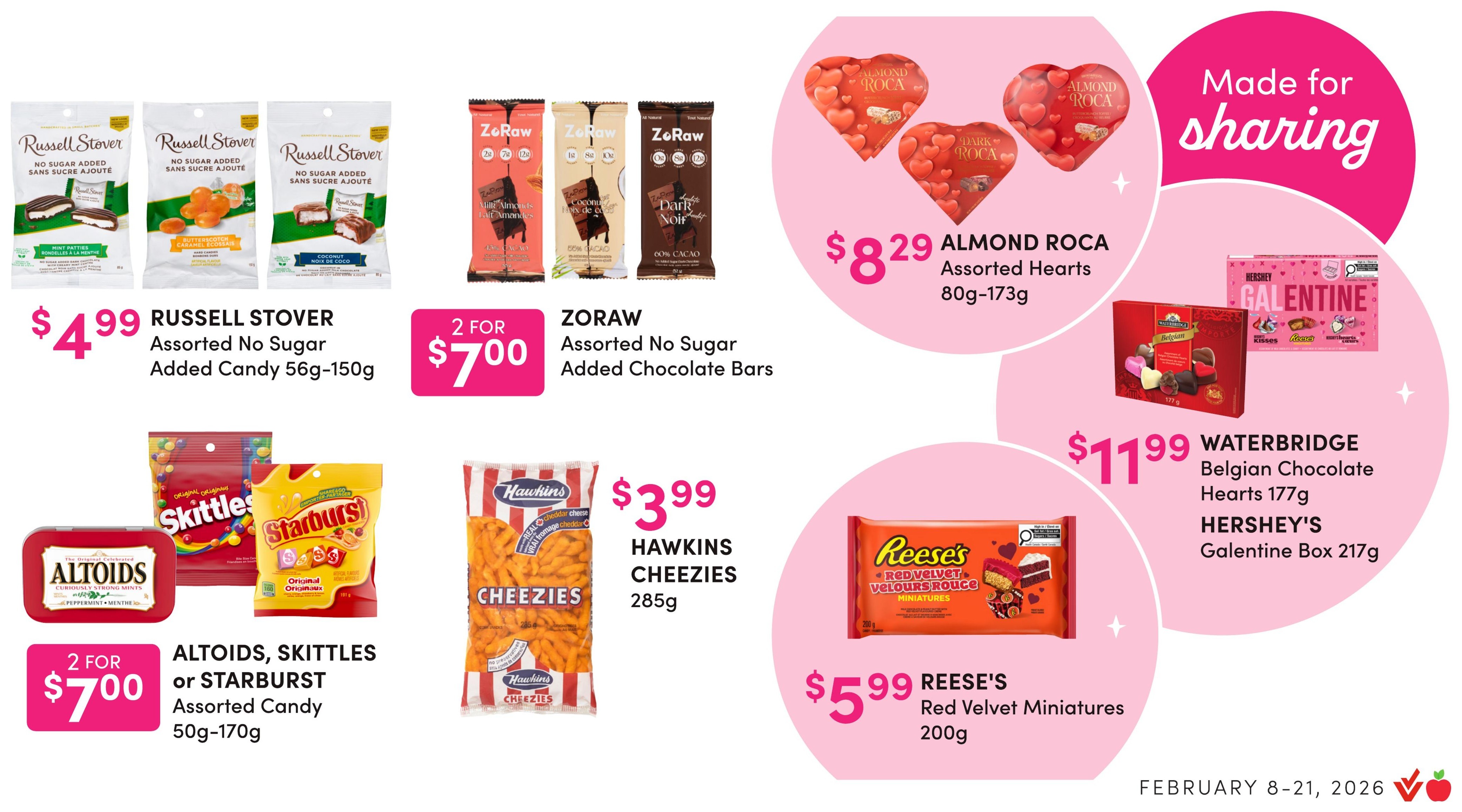 Apple Drugs flyer page 4 features Western Family products. On sale are Western Family Selected Cold or Allergy Relief Products for $6.99, Western Family Muscle and Back Pain Platinum Relief 18's, Ibuprofen Liquid Gels 72's or Extra Strength Acetaminophen 500mg 100's, and Western Family Assorted Disposable Razors 3's-12's for $4.99. Also available are Western Family Assorted Granola Bars 156g-172g for $3.19, Western Family Baby Dills 1L, Marshmallows 400g, Pure Canola Oil 473mL, Freezer Bags 38's or Aluminum Foil 50ft for $2.99, Western Family Assorted Microwave Popcorn 3x94g for $2.99, and Western Family Assorted Cookies 300g-350g or Chocolates 180g for $5.49. The flyer is valid from February 8-21, 2026.