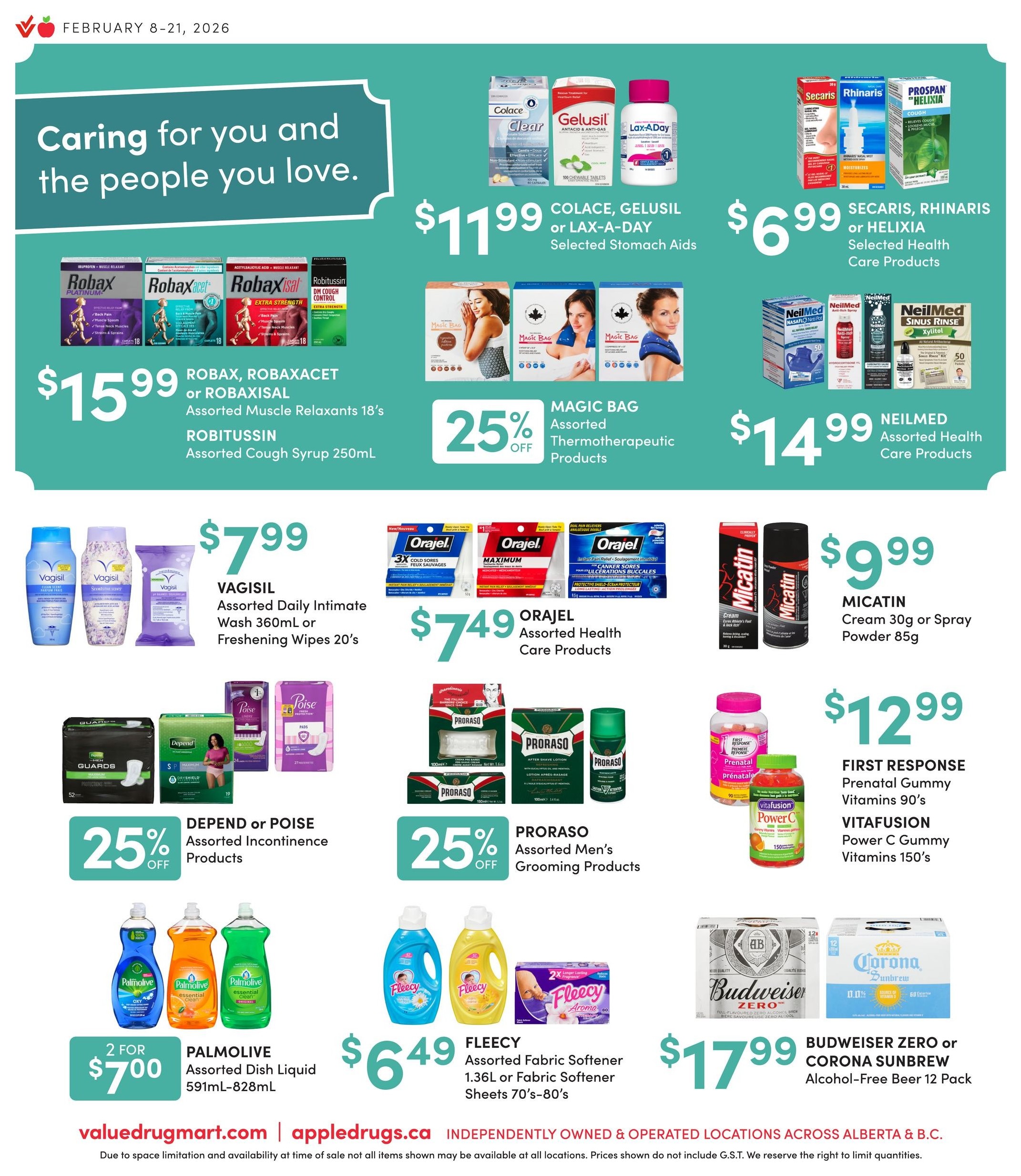 Apple Drugs flyer page 8 features a variety of health and household products. Top section includes Colace, Gelusil or Lax-A-Day Stomach Aids for $11.99, Secaris, Rhinaris or Helixia Health Care Products for $6.99, and Magic Bag Assorted Thermotherapeutic Products at 25% off. Also featured are Robax, Robaxacet or Robaxisal Assorted Muscle Relaxants 18's for $15.99, and Robitussin Assorted Cough Syrup 250mL. Neilmed Assorted Health Care Products are $14.99. Mid-section highlights Vagisil Assorted Daily Intimate Wash 360mL or Freshening Wipes 20's for $7.99, Orajell Assorted Health Care Products for $7.49, and Micatin Cream 30g or Spray Powder 85g for $9.99. Depend or Poise Assorted Incontinence Products are 25% off. Lower section includes Palmolive Assorted Dish Liquid 591mL-828mL for 2 for $7.00, Fleecy Assorted Fabric Softener 1.36L or Fabric Softener Sheets 70's-80's for $6.49, Budweiser Zero or Corona Sunbrew Alcohol-Free Beer 12 Pack for $17.99, and First Response Prenatal Gummy Vitamins 90's and Vitafusion Power C Gummy Vitamins 150's for $12.99. Proraso Assorted Men's Grooming Products are 25% off.