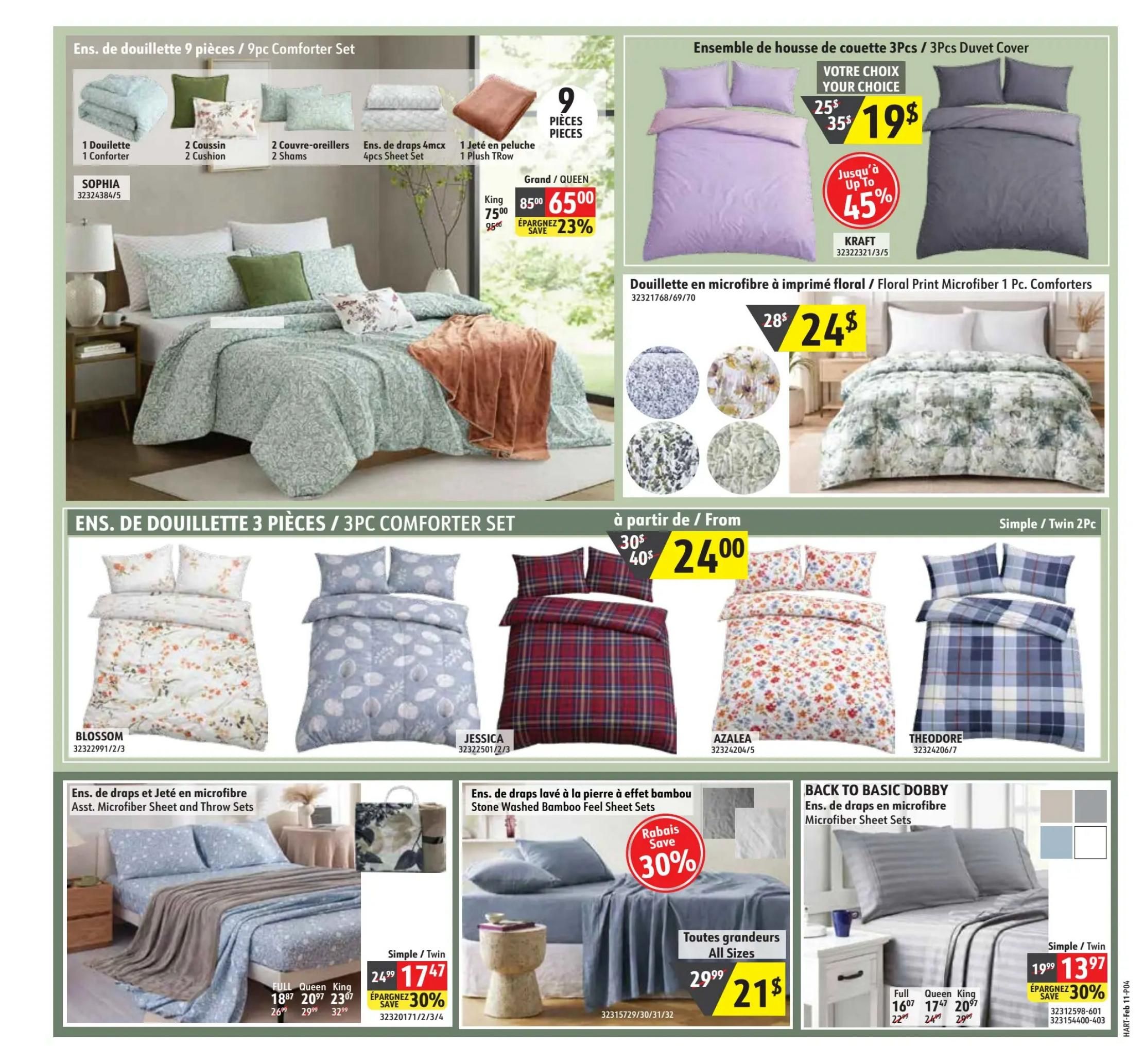 Hart flyer page 4 features a variety of bedding sets. A 9-piece comforter set in the 'Sophia' pattern is shown with 1 comforter, 2 cushions, 2 shams, 4-piece sheet set, and 1 plush throw, priced at $75 for King size (originally $95, save 23%). A 3-piece duvet cover set is available in your choice of purple or grey for $19 (originally $35, up to 45% off). Floral print microfiber 1-piece comforters are priced at $24 (originally $28). 3-piece comforter sets are available starting from $24 (originally $30 or $40), featuring 'Blossom', 'Jessica', 'Azalea', and 'Theodore' patterns. Microfiber sheet and throw sets are on sale, with Full/Queen/King sizes starting at $18.87 (originally $26.99), $20.97 (originally $29.99), and $23.07 (originally $32.99). Stone washed bamboo feel sheet sets in all sizes are $21 (originally $29.99), with a 30% saving. Back to Basic Dobby microfiber sheet sets are $13.97 for Simple/Twin (originally $19.99), $16.07 for Full (originally $22.99), $17.47 for Queen (originally $24.99), and $20.97 for King (originally $29.99), all with a 30% saving.