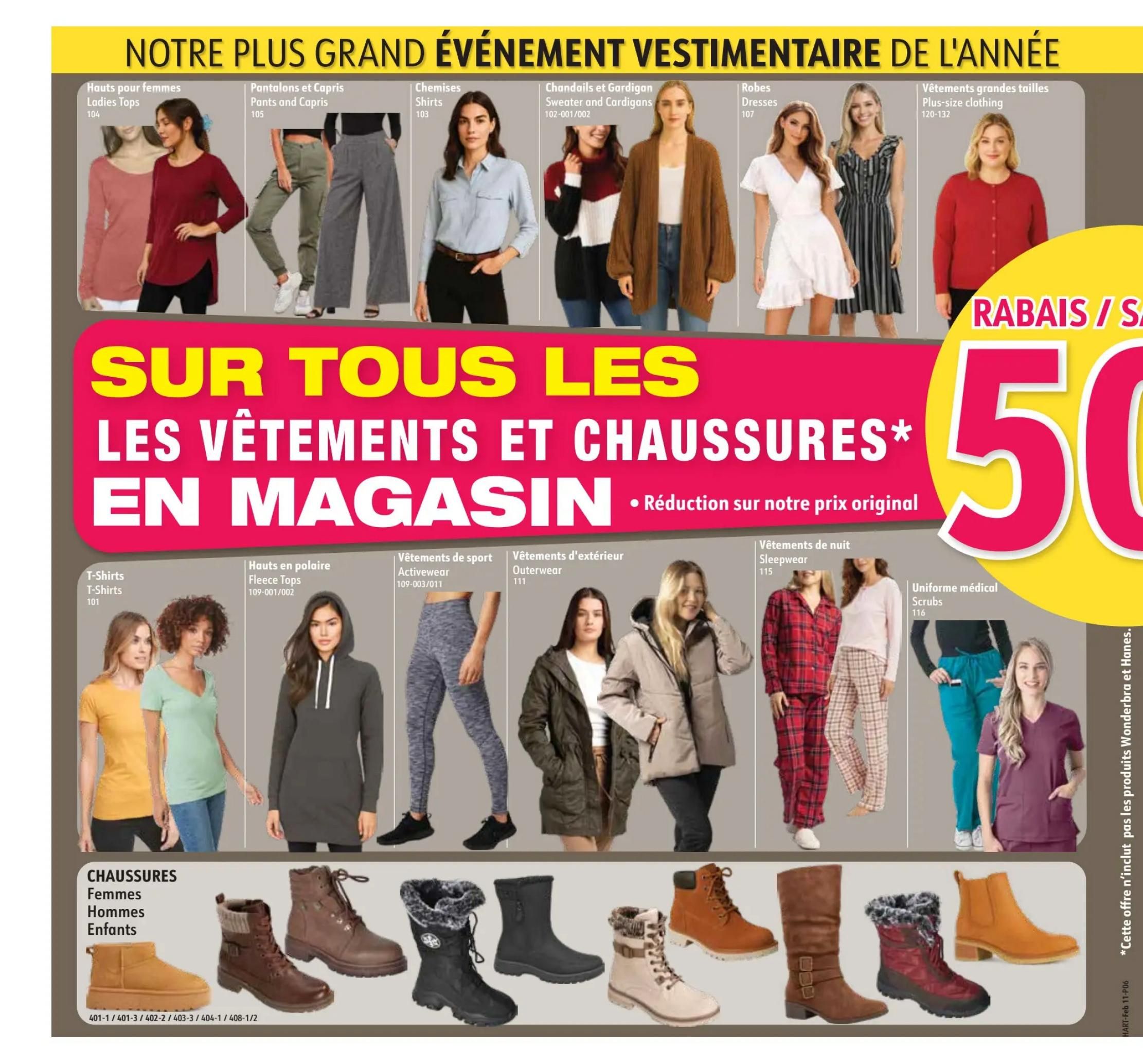 Hart flyer page 6 features a 'Notre Plus Grand Événement Vestimentaire de l'Année' (Our Biggest Apparel Event of the Year) with 'Sur Tous Les Vêtements et Chaussures* En Magasin' (On All Apparel and Footwear* In Store) and 'Réduction sur notre prix original' (Reduction on our original price) with 'RABAIS / SALE 50%' (Discount / Sale 50%). Featured clothing includes ladies' tops, pants and capris, shirts, sweater and cardigans, robes, plus-size clothing, t-shirts, fleece tops, activewear, outerwear, sleepwear, and medical scrubs. Also displayed are women's, men's, and children's footwear, including various styles of boots and booties. Note: This offer does not include Wonderbra and Hanes products.