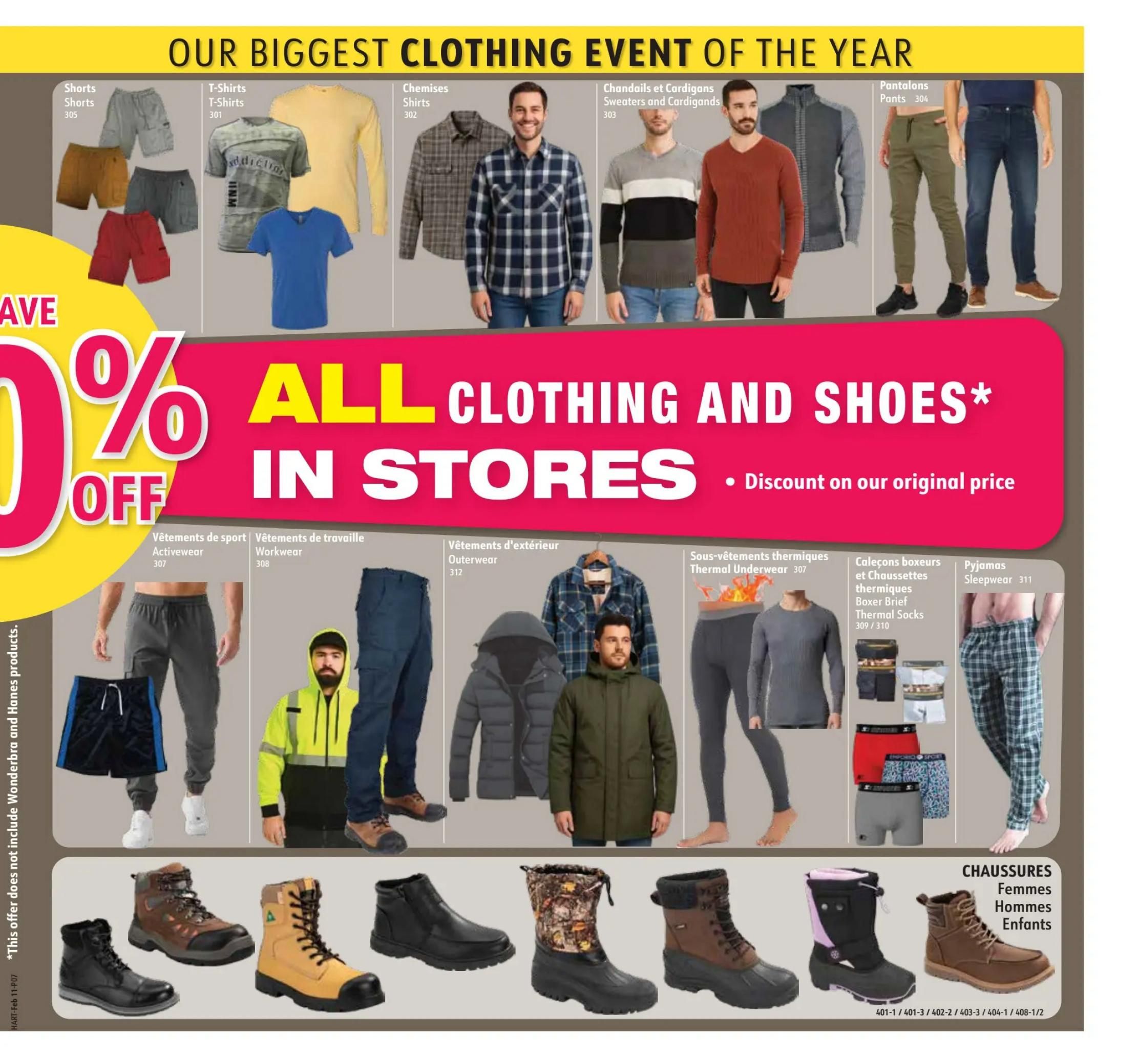 Hart flyer page 7 features 'Our Biggest Clothing Event of the Year' with 50% off all clothing and shoes in stores. Featured items include various shorts, t-shirts, shirts, sweaters, cardigans, pants, activewear, workwear, outerwear, thermal underwear, boxer briefs, thermal socks, and pyjamas. Also displayed are boots for women, men, and children. Specific items shown are grey cargo shorts, red shorts, yellow long-sleeve t-shirt, blue v-neck t-shirt, plaid shirt, grey and black striped sweater, rust-coloured cable-knit sweater, grey zip-up jacket, olive green jogger pants, dark wash jeans, grey activewear shorts, black shorts with blue stripe, high-visibility work jacket, dark grey puffer jacket, green parka, grey thermal leggings, black boots, brown work boots, tan work boots, black and pink winter boots, and plaid pyjama pants. A note states that this offer does not include Wonderbra and Hanes products.