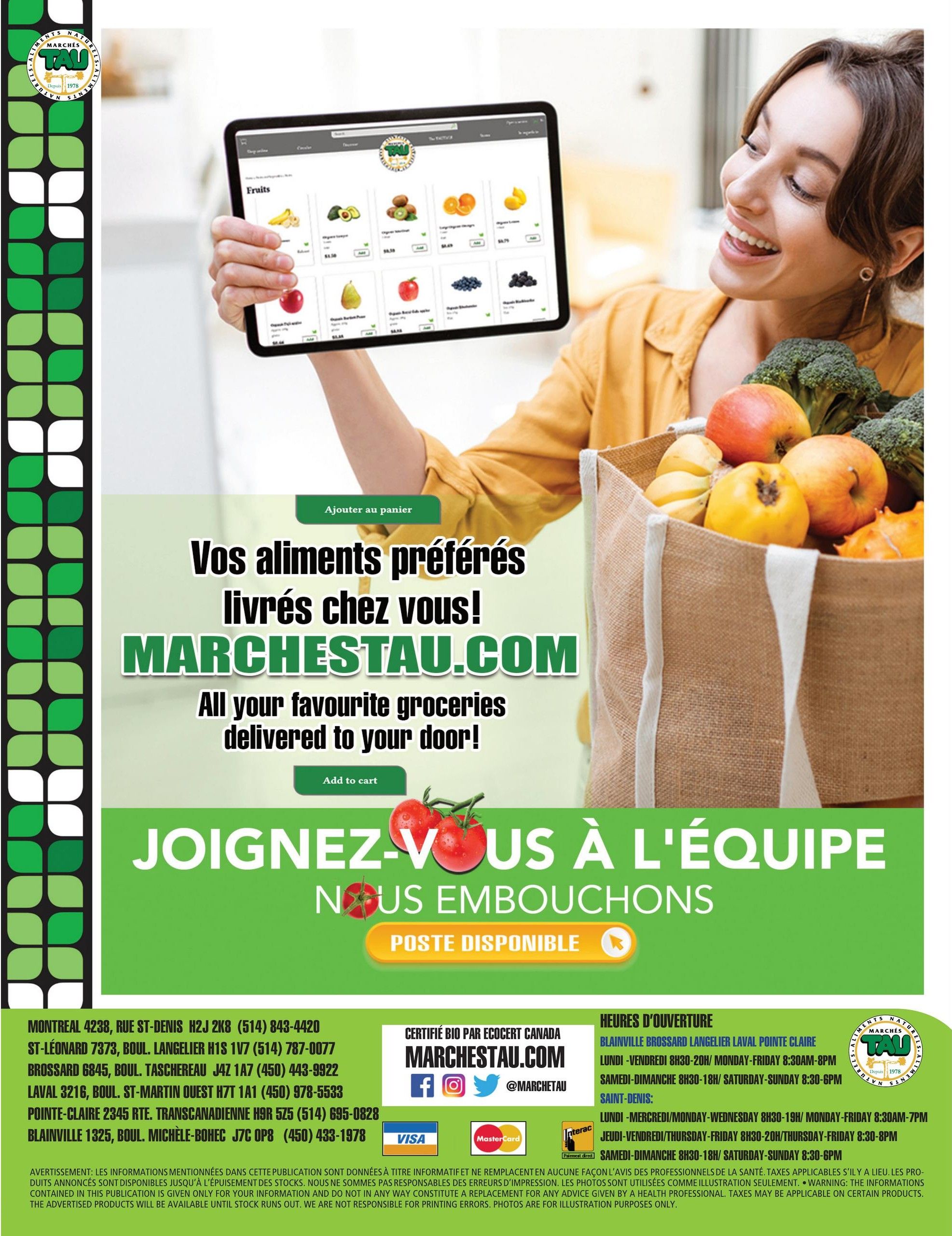 Marches TAU flyer page 5 features a woman browsing fruits on a tablet, with text promoting 'All your favourite groceries delivered to your door!' via MarcheSTAU.COM. The page also includes a call to action to 'Join our team' with 'Jobs available'. Store locations and hours of operation for Blainville, Brossard, Laval, Pointe Claire, and Saint-Denis are listed. Payment methods accepted include Visa, Mastercard, and Interac. The flyer is certified organic by Ecocert Canada.