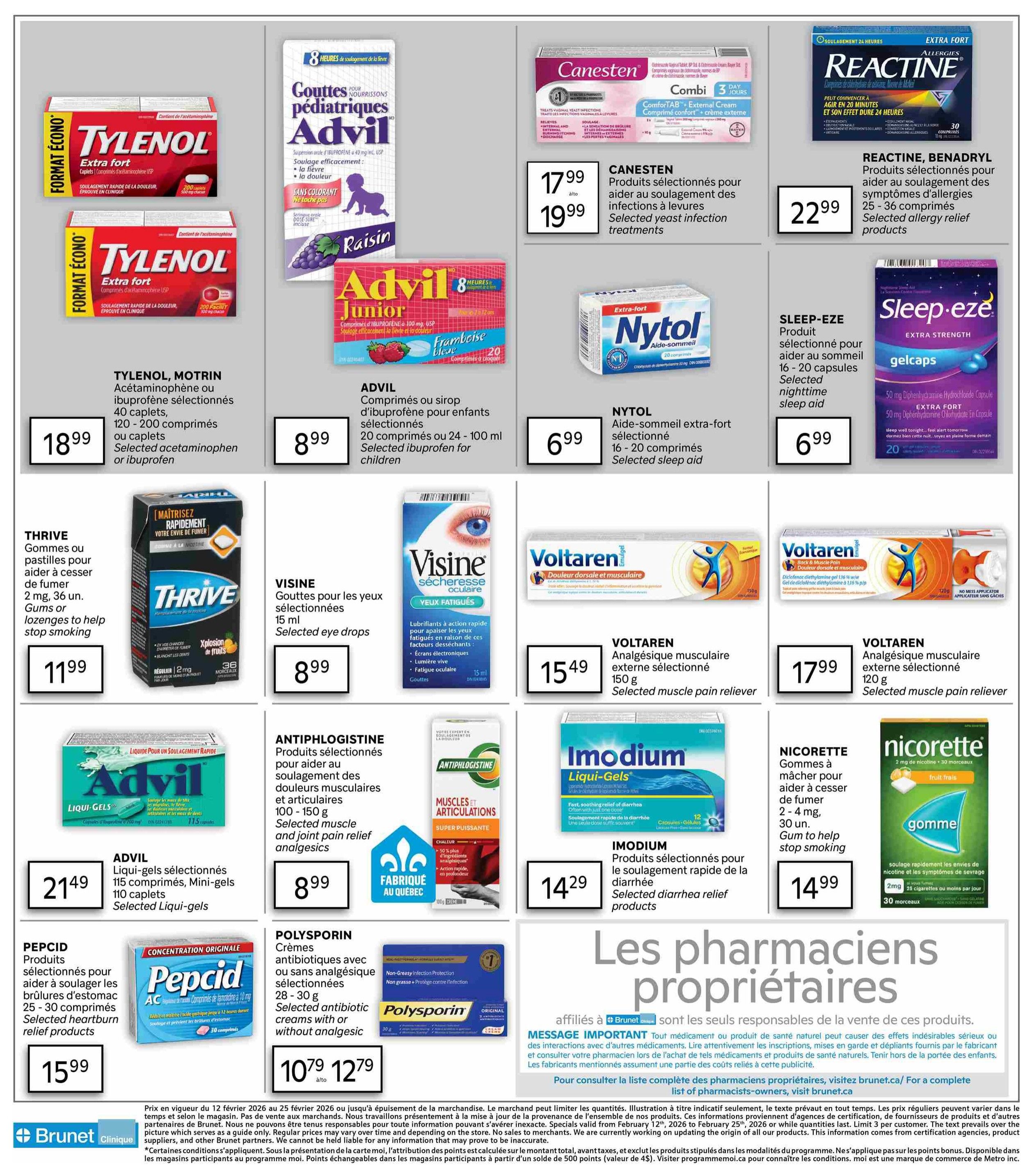 Brunet flyer page 4 features a variety of health and wellness products. Top row includes Tylenol Extra Strength capsules at $18.99 for 120-200 count, Advil Junior suspension for children at $8.99 for 200ml or 24-100ml, Canesten ComforTAB for yeast infections at $17.99, and Reactine/Benadryl allergy relief products at $22.99 for 25-36 count. Second row showcases Thrive Gums or lozenges to help stop smoking for $11.99, Visine eye drops for dry eyes at $8.99, Voltaren external muscle pain relief gel at $15.49 for 150g, and another Voltaren external muscle pain reliever at $17.99 for 120g. The bottom row features Advil Liqui-Gels for pain relief at $21.49 for 115 caplets, Polysporin antibiotic creams for $10.79, Nicorette gum to help stop smoking at $14.99 for 30 pieces, and Imodium for diarrhea relief at $14.29. The page also highlights 'Les pharmaciens propriétaires' (Pharmacist-Owners) and directs customers to brunet.ca for more information.