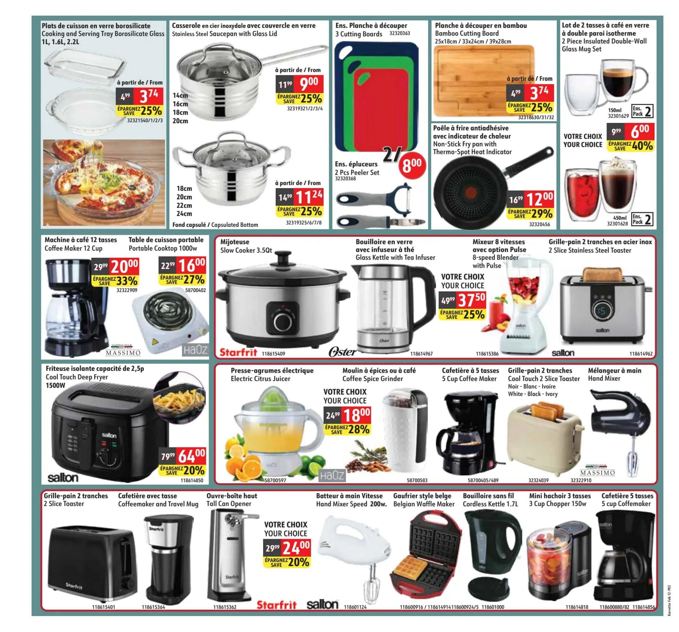Korvette flyer page 2 features a variety of kitchenware and small appliances. Cooking and Serving Trays are available from $3.74, saving 25%. Stainless Steel Saucepans with Glass Lids are on sale from $9.00, a 25% saving, and larger sizes are from $11.24, also 25% off. A set of 3 Cutting Boards is $8.00. A Bamboo Cutting Board is $3.74, saving 25%. A Non-Stick Fry Pan with Thermo-Spot Heat Indicator is $12.00, down from $16.99, a 29% saving. A 2 Piece Insulated Double-Wall Glass Mug Set is $6.00, a 40% saving. A 12 Cup Coffee Maker is $20.00, saving 33%. A Portable Cooktop 1000w is $16.00, saving 27%. A 3.5Qt Slow Cooker is featured. A Glass Kettle with Tea Infuser is $37.50, saving 25%. A 2 Slice Stainless Steel Toaster is available. A 2.5L Cool Touch Deep Fryer is $64.00, saving 20%. An Electric Citrus Juicer is $18.00, saving 28%. A 8-speed Blender with Pulse is $37.50, saving 25%. A 2 Slice Stainless Steel Toaster is shown. A Hand Mixer is available. A 5 Cup Coffee Maker is featured. A 2 Slice Toaster is available. A Coffeemaker and Travel Mug is shown. A Tall Can Opener is featured. A Hand Mixer Speed 200w is $24.00, saving 20%. A Belgian Waffle Maker is available. A 3 Cup Chopper 150w is available. A 5 Cup Coffeemaker is featured.