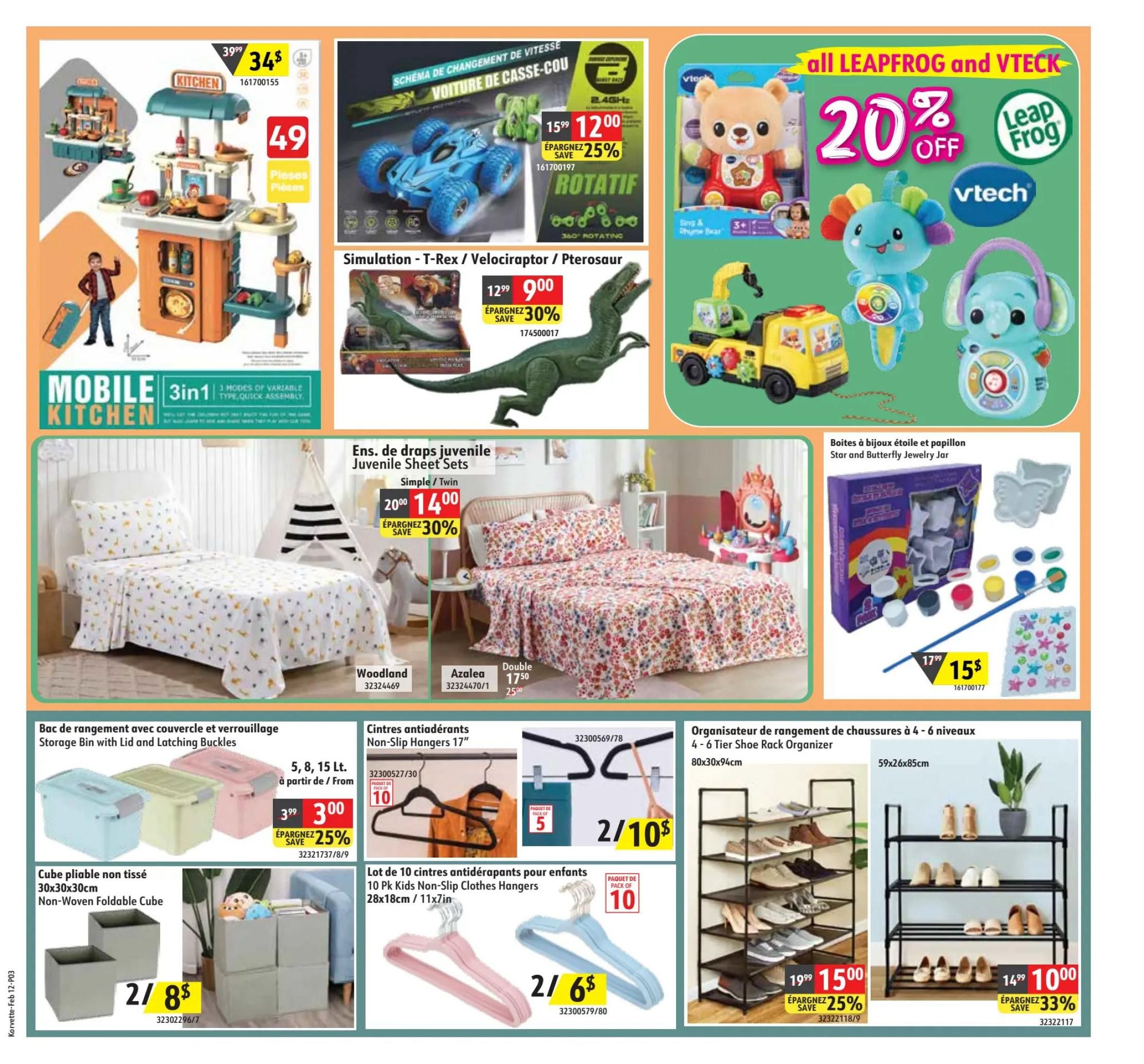Korvette flyer page 3 features a Mobile 3-in-1 Kitchen playset for $34, originally $39.99, with 49 pieces. Also available are a Rotatif Simulation T-Rex/Velociraptor/Pterosaur toy for $9.00, down from $12.99, saving 30%. Leapfrog and VTech toys are 20% off, including a Sing & Rhyme Bear and a VTech elephant toy. Other toys include a Star and Butterfly Jewelry Jar craft kit for $15, down from $17.99. For the bedroom, find Woodland juvenile sheet sets for $14.00 and Azalea double juvenile sheet sets for $17.50. Storage solutions include a 3-pack of Storage Bins with Lid and Latching Buckles in 5, 8, or 15 L sizes for $3.00, a 25% saving from $3.99. Non-Woven Foldable Cubes are 2 for $8. Children's non-slip hangers are available in packs of 10 for $10 (2 for $10) and kids' non-slip hangers in packs of 5 for $6 (2 for $6). Finally, a 4-6 tier Shoe Rack Organizer is on sale for $15, down from $19.99, saving 25%, and another shoe organizer is $10, down from $14.99, saving 33%.