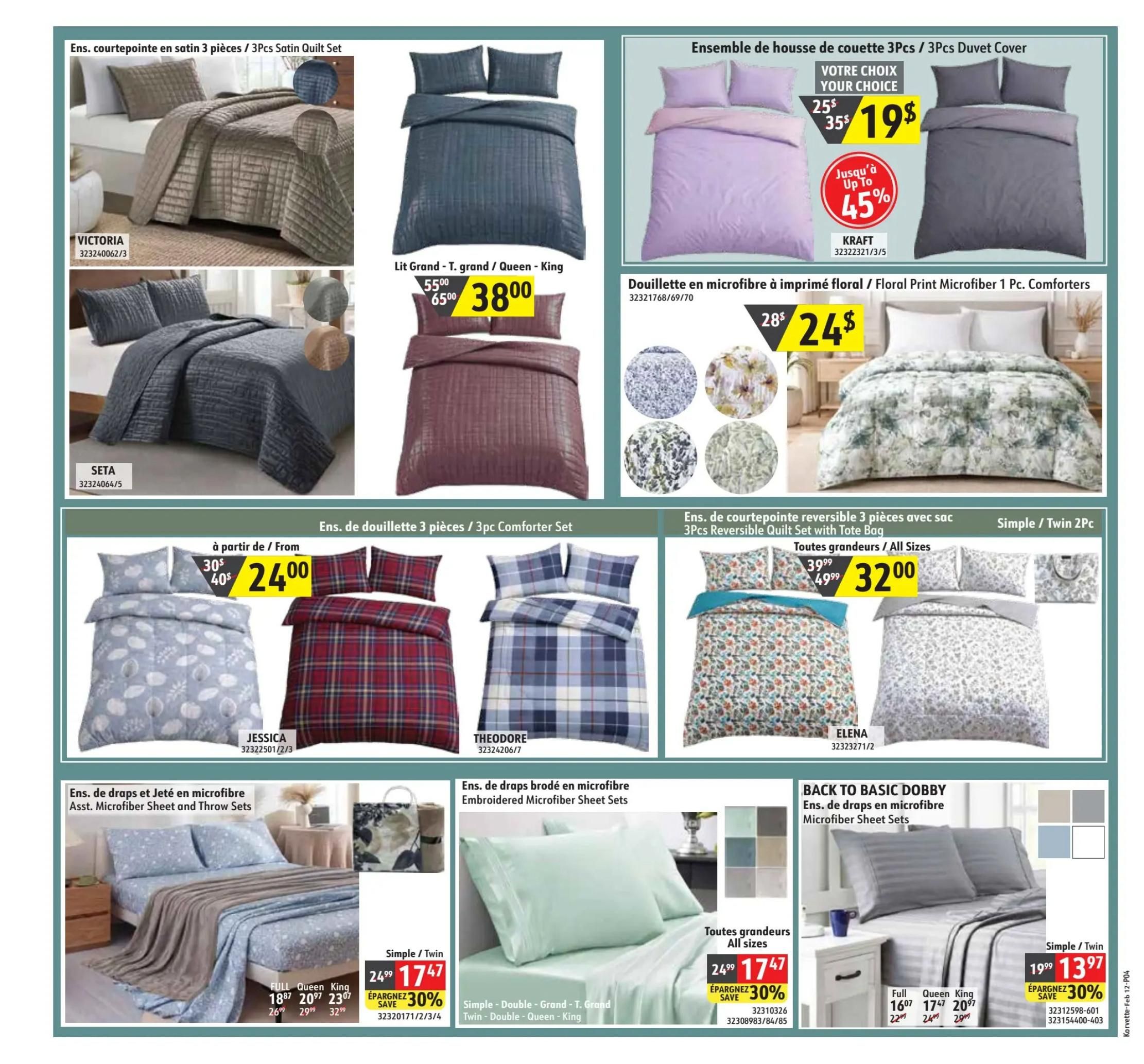 Korvette flyer page 4 features a variety of bedding sets. The top row includes VICTORIA 3-piece Satin Quilt Sets starting at $38.00, down from $65.00 for Grand/Queen/King sizes. Also featured is a KRAFT 3-piece Duvet Cover set, your choice, on sale for $19.00, down from $35.00, with up to 45% savings. Below, find Floral Print Microfiber 1 Pc. Comforters for $24.00, down from $28.00. The middle section showcases JESSICA 3-piece Comforter Sets starting at $24.00, down from $30.00, and THEODORE Embroidered Microfiber Sheet Sets. ELENA 3-piece Reversible Quilt Sets with Tote Bag are available for $32.00, down from $39.99. The bottom row displays Asst. Microfiber Sheet and Throw Sets, with Full/Queen/King sizes starting at $26.99, $29.99, and $32.99 respectively, on sale from $18.87, $20.97, and $23.97, and a 30% saving on Simple/Twin sizes for $17.47. Also shown are Embroidered Microfiber Sheet Sets with 30% savings, priced at $17.47 for Simple/Double/Grand/T. Grand/Twin/Double/Queen/King sizes. Finally, BACK TO BASIC DOBBY Microfiber Sheet Sets are on sale for $13.97 for Simple/Twin, down from $19.99, with 30% savings. Full/Queen/King sizes are $16.07, $17.47, and $20.97, down from $22.99, $24.99, and $29.99 respectively.