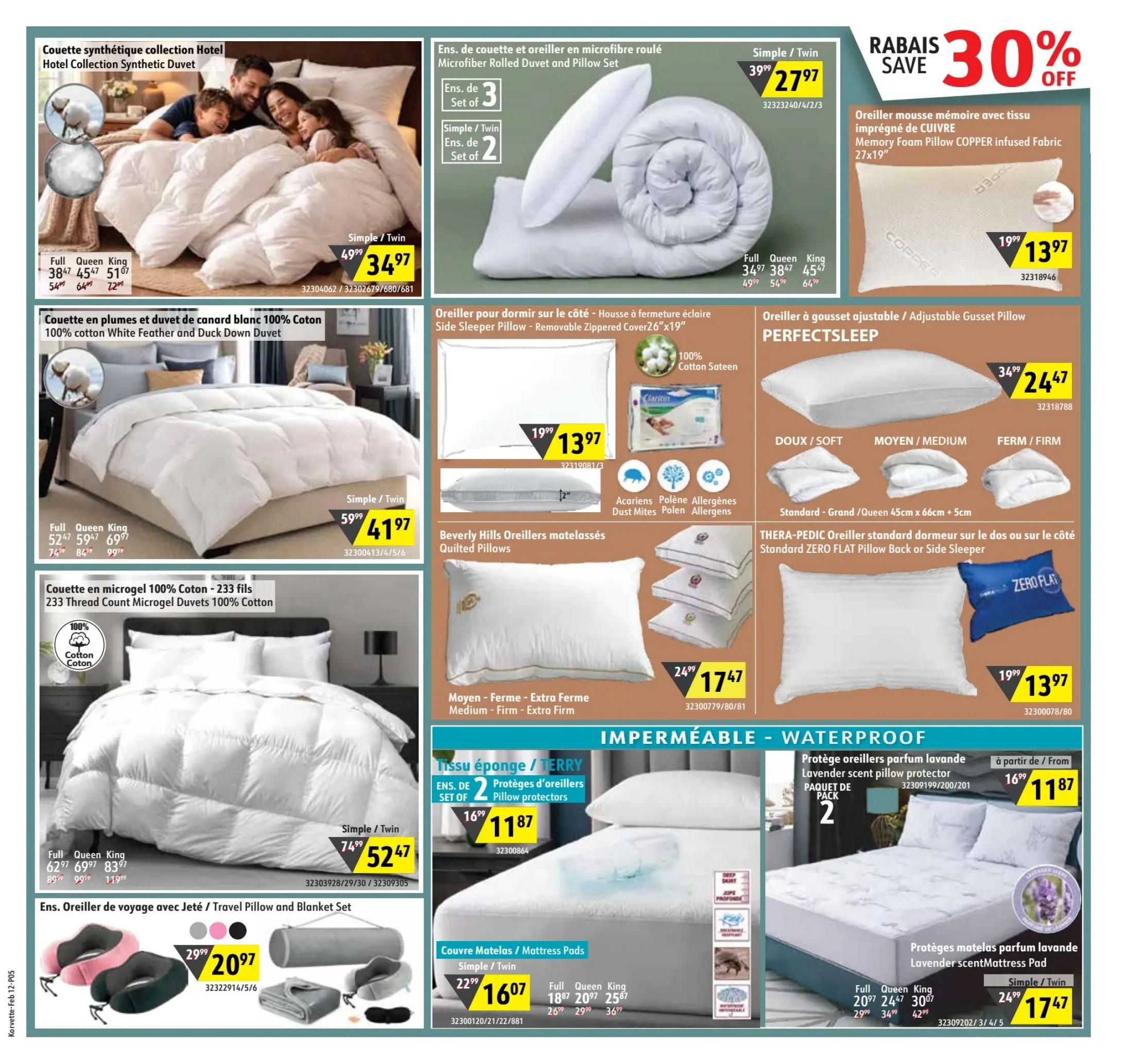 Korvette flyer specials page 5 features a 30% off sale. Top left: Hotel Collection Synthetic Duvet available in Full, Queen, and King sizes, priced at $34.97 for Full/Queen and $49.99 for King. Next to it, a Microfiber Rolled Duvet and Pillow Set is on sale for $27.97 for a set of 2 (Simple/Twin) and $39.97 for a set of 3. Below that, a 100% cotton White Feather and Duck Down Duvet is $41.97 for Full/Queen and $52.47 for King. Further down, 233 Thread Count Microgel Duvets are $52.47 for Full/Queen and $74.97 for King. In the top right, a Memory Foam Pillow with COPPER infused fabric is $13.97, down from $19.99. Below that, a PERFECTSLEEP Adjustable Gusset Pillow is $24.47, down from $34.99. The page also features Beverly Hills Quilted Pillows for $17.47 (Medium-Firm-Extra Firm), down from $24.99. A THERAPEDIC Standard ZERO FLAT Pillow for back or side sleepers is $13.97, down from $19.99. In the bottom section, a Travel Pillow and Blanket Set is $20.97. Waterproof Terry Pillow Protectors (2 per set) are $11.87, down from $16.99. Finally, Lavender Scent Mattress Pads are $17.47 for Simple/Twin and $24.47 for Full/Queen, with Lavender Scent Pillow Protectors (2 per pack) for $11.87.