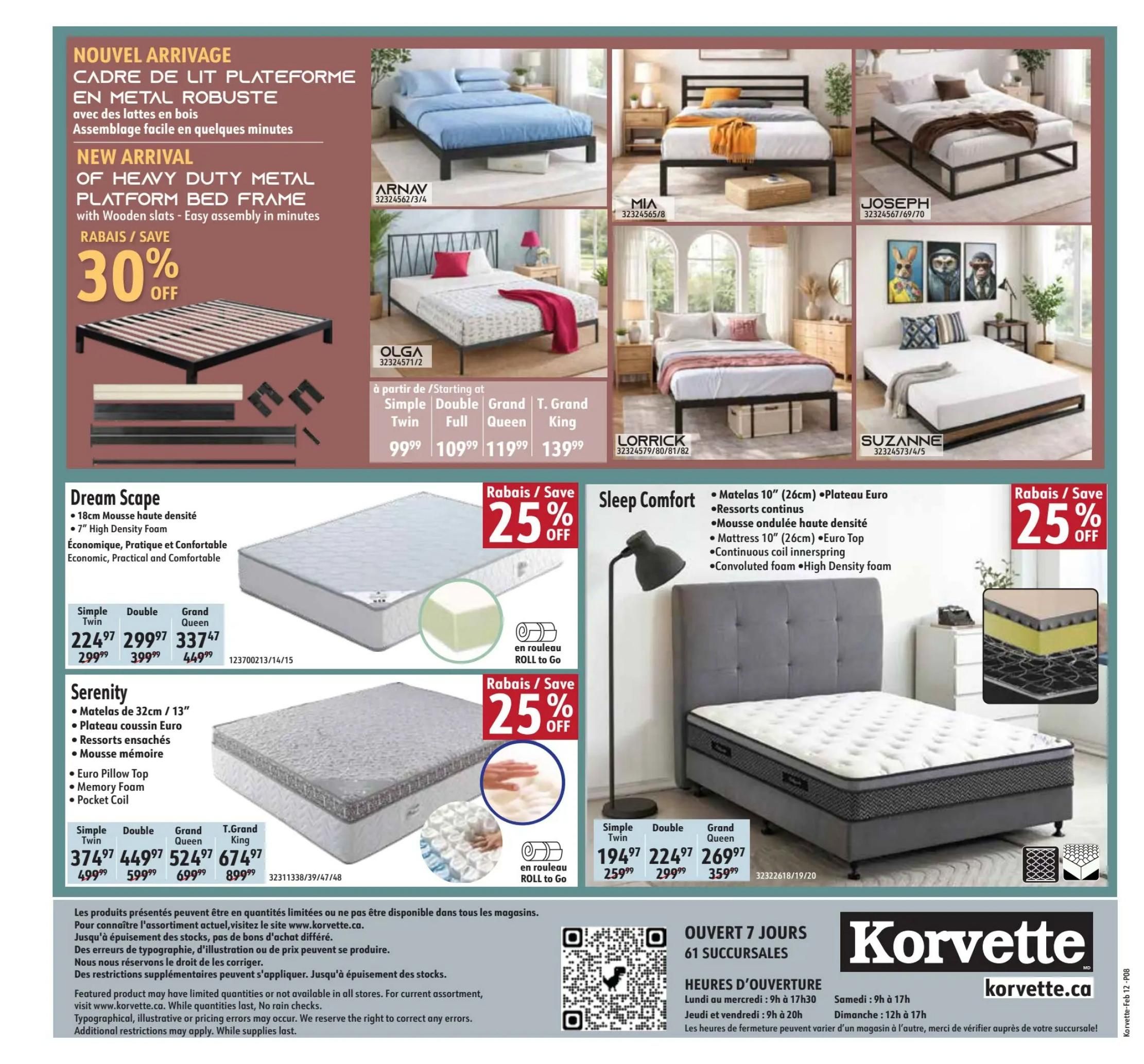 Korvette flyer page 8 features new arrivals of heavy-duty metal platform bed frames with wooden slats, offering easy assembly in minutes and 30% off. Featured bed frames include Arnav, Mia, Joseph, Olga, Lorrick, and Suzanne. The Olga bed frame starts at $99.99 for a Simple Twin size, with other sizes available up to $139.99 for T. Grand King. The page also showcases mattresses: Dream Scape, a 7' high-density foam mattress, is available from $224.97 for Simple Twin up to $337.47 for Grand Queen. Serenity mattresses, featuring Euro Pillow Top, Memory Foam, and Pocket Coil, are priced from $374.97 for Simple Twin to $674.97 for T. Grand King. Sleep Comfort mattresses, with 10' (26cm) Euro Top and convoluted foam, are on sale for 25% off, starting at $194.97 for Simple Twin up to $269.97 for Grand Queen. Additional mattresses are also on sale for 25% off. Store hours and website korvette.ca are displayed at the bottom.
