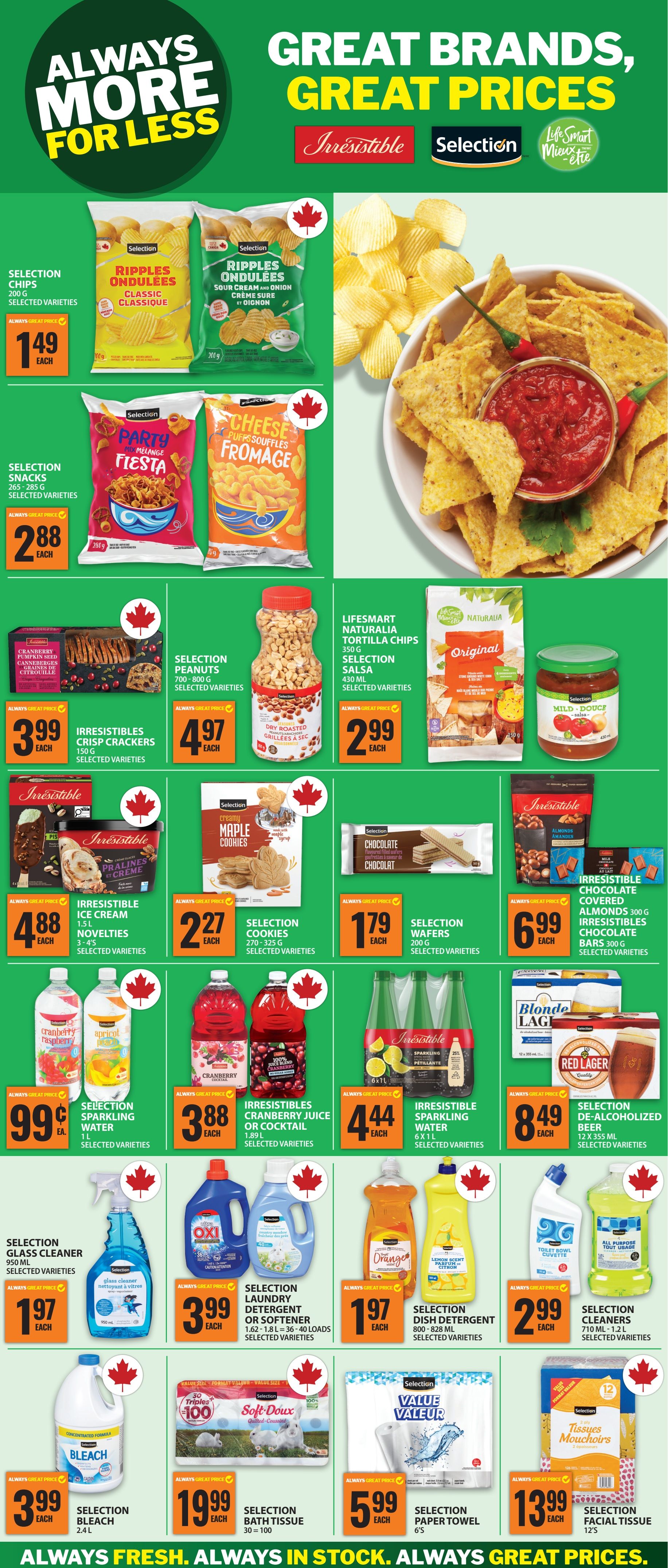 Food Basics flyer page 3 features 'Great Brands, Great Prices'. Top row includes Selection Ripples Chips in Classic and Sour Cream & Onion flavours for $1.49 each. Next are Selection Snacks Party Fiesta and Cheese Puffs Fromage for $2.88 each. Also featured are Lifesmart Naturalia Tortilla Chips 350g and Selection Salsa 430ml for $2.99 each. Middle row showcases Irresistibles Crisp Crackers Cranberry Pumpkin Seed 150g for $3.99 each, and Selection Seasoned Dry Roasted Peanuts 700-800g for $4.97 each. Irresistibles Ice Cream 1.5L Novelties are $4.88 each, and Selection Creamy Maple Cookies 270-325g are $2.27 each. Selection Chocolate Wafers 200g are $1.79 each. Irresistibles Chocolate Covered Almonds 300g and Irresistibles Chocolate Bars 300g are $6.99 each. Bottom row includes Selection Sparkling Water 1L for $0.99 each, Irresistibles Cranberry Juice or Cocktail 1.89L for $3.88 each, and Irresistibles Sparkling Water Lemon-Citron 6x1L for $4.44 each. Selection De-Alcoholized Beer 12x355ml is $8.49 each. Cleaning supplies include Selection Glass Cleaner 950ml for $1.97 each, Selection Dish Detergent 800-828ml for $1.97 each, Selection Laundry Detergent 1.62-1.8L for $3.99 each, and Selection Cleaners 710ml-1.2L for $2.99 each. Selection Bleach 2.4L is $3.99 each. Selection Bath Tissue 30=100 is $19.99 each. Selection Paper Towel 6's is $5.99 each, and Selection Facial Tissue 12's is $13.99 each.