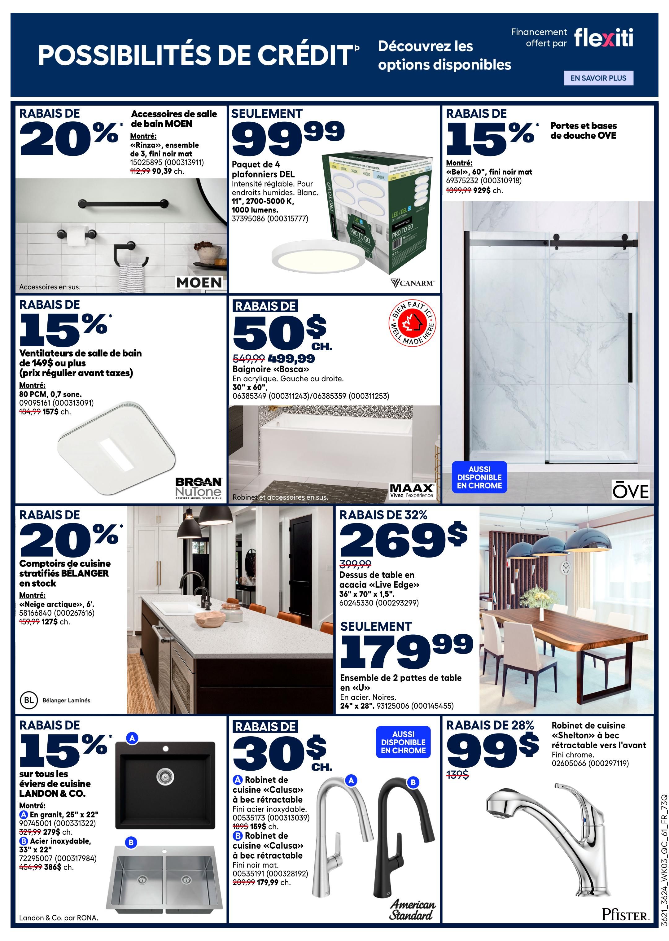 Rona Quebec flyer page 2 features a 20% discount on MOEN bathroom accessories, including the Rinza ensemble in matte black finish, originally $112.99, now $90.39. Also available are DEL ceiling lights, 4-pack for $99.99, with adjustable intensity for damp locations, 11', 2700-5000K, 1000 lumens. OVE shower doors and bases are 15% off, with the 'Bel' 60' matte black model priced at $929 (originally $1099.99). Broan NuTone bathroom ventilation fans are 15% off, starting at $157 (regular price before taxes $184.99). MAAX offers a 32% discount on an acacia live edge table top, 36' x 70' x 1.5', for $269, with a set of 2 'U' base legs in black steel, 24' x 28', for $179.99. LANDON & CO. kitchen sinks are 15% off, including a 25' x 22' granite sink for $279 (originally $329.99) and a 33' x 22' stainless steel sink for $386 (originally $454.99). American Standard kitchen faucets with retractable spout, 'Calusa' model, in stainless steel finish are $159 (originally $189), and in matte black finish for $179.99 (originally $209.99). Pfister kitchen faucet with retractable spout, 'Shelton' model, in chrome finish is $99.99.