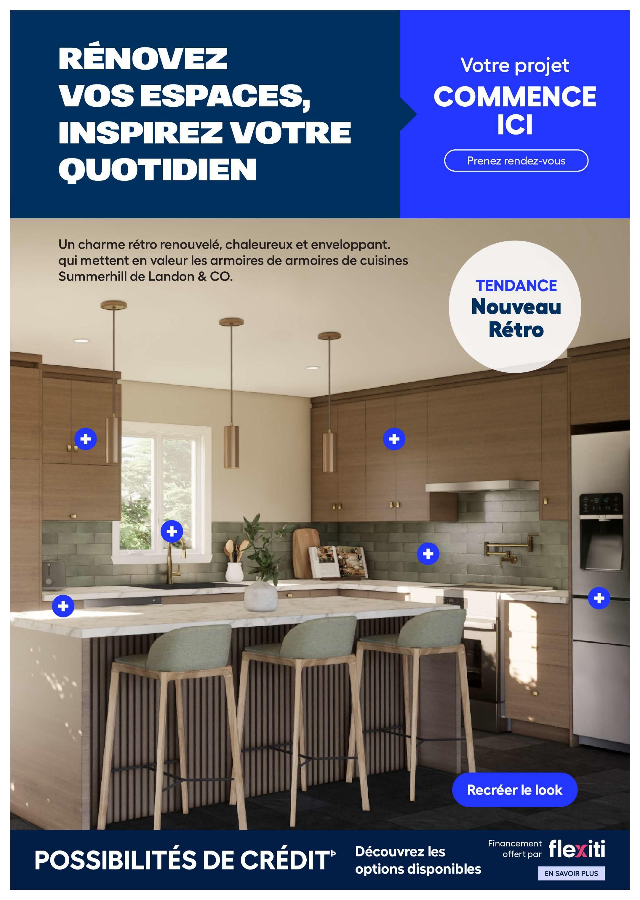 Rona Quebec flyer, page 6. This page features a modern kitchen renovation inspiration with the headline 'Renovate Your Spaces, Inspire Your Daily Life'. It highlights a retro-modern style kitchen with Summerhill by Landon & CO cabinetry. The image showcases a kitchen island with bar stools, a tiled backsplash, pendant lights, and stainless steel appliances including a refrigerator with a water dispenser. Text overlays indicate 'Trend: New Retro' and a call to action to 'Recreate the look'. The bottom of the page promotes 'Credit Possibilities' and 'Discover available options' with financing offered by Flexiti.
