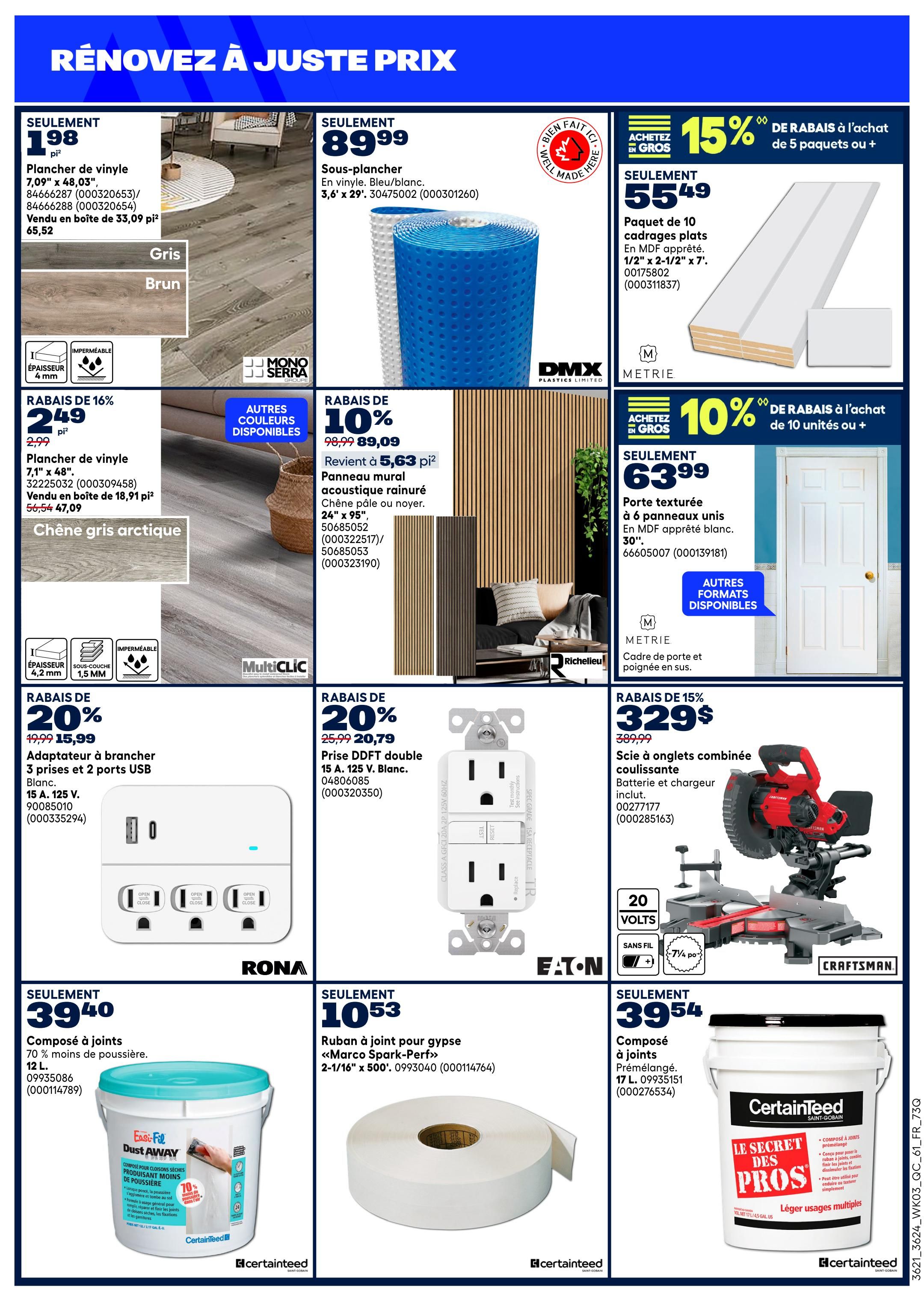 Rona flyer page 13 features a 'Renovate at a Great Price' theme. Top left: Vinyl plank flooring at $1.98 per sq ft, sold in boxes of 33.09 sq ft for $65.52, available in grey and brown. Next, 16% off vinyl plank flooring at $2.49 per sq ft (originally $2.99), sold in boxes of 18.91 sq ft for $47.09, in Arctic grey oak. Also, 20% off a 3-outlet, 2-USB wall adapter for $15.99 (originally $19.99). Middle section: Underlayment at $89.99. Next, 15% off when buying 5 or more packs of flat mouldings, with 10 flat mouldings in a pack of pre-finished MDF, 1/2' x 2-1/2' x 7', for $5.54. Next, 10% off acoustic wood wall panels (pale oak or walnut finish), 24' x 95', for $89.09 (originally $98.99), which comes to $5.63 per sq ft. Next, 10% off when buying 10 or more units of a 6-panel textured door in pre-finished white MDF, 30', for $63.99. Right side: 20% off a double GFCI outlet, 15A, 125V, white, for $20.79 (originally $25.99). Bottom section: 15% off a sliding compound miter saw with battery and charger included, for $329 (originally $389.99), featuring 20 volts and cordless operation. Also, 12 L of Dust Away joint compound for $39.40, with 70% less dust. Next, Marco Spark-Perf drywall tape, 2-1/16' x 500', for $10.53. Finally, 17 L of pre-mixed joint compound for $39.54.