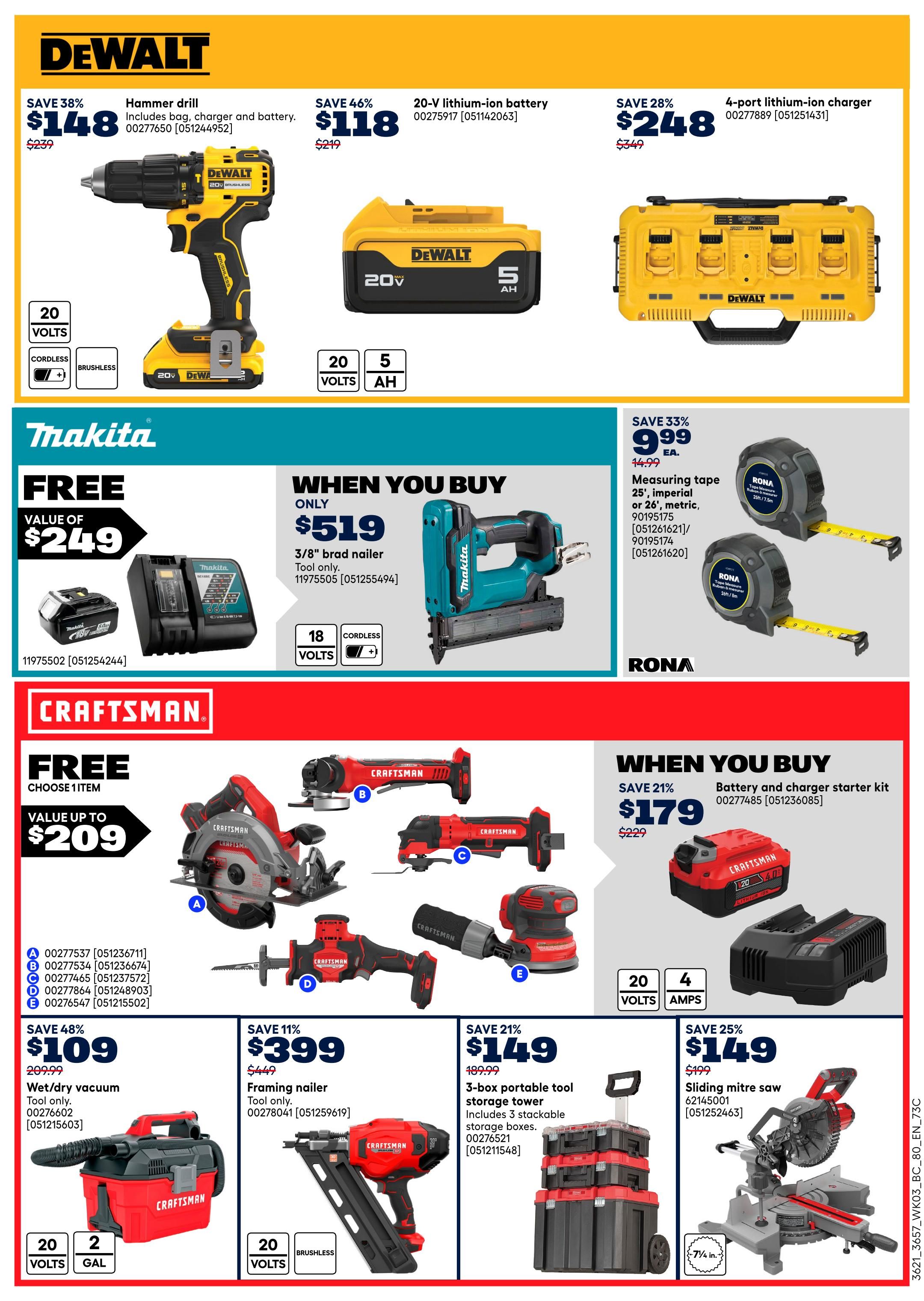 Page 18 of the Rona flyer features DeWalt, Makita, and Craftsman power tools. DeWalt offers a hammer drill for $148 (save 38%), a 20V 5Ah lithium-ion battery for $118 (save 46%), and a 4-port lithium-ion charger for $248 (save 28%). Makita has a free offer: get a battery and charger set (value $249) when you buy a 3/8' brad nailer for $519. Also available are RONA brand measuring tapes for $9.99 each (save 33%). Craftsman promotions include a battery and charger starter kit for $179 (save 21%) when you buy a tool. Choose from a selection of tools including a wet/dry vacuum for $109 (save 48%), a framing nailer for $399 (save 11%), a 3-box portable tool storage tower for $149 (save 21%), and a sliding mitre saw for $149 (save 25%).