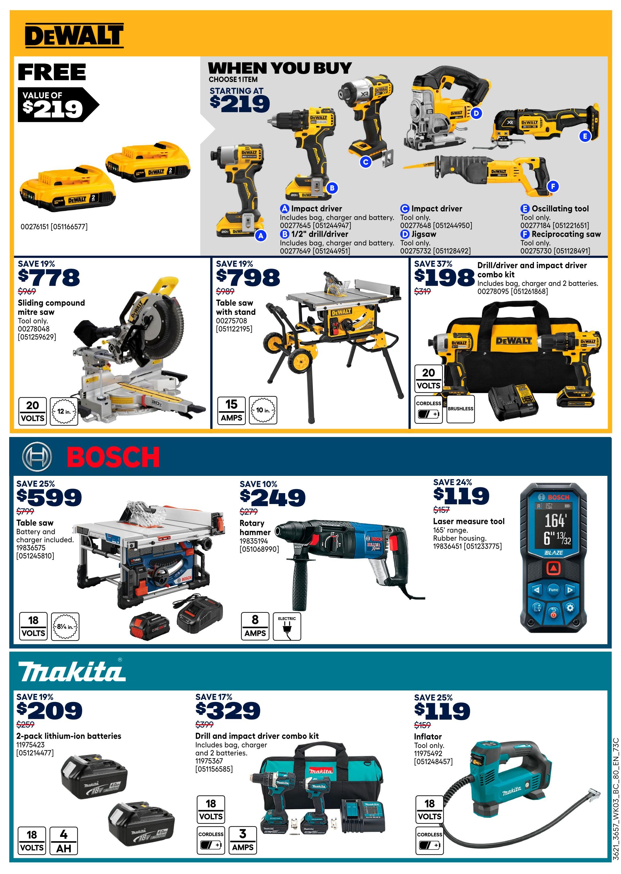 Page 19 of the Rona flyer features DeWalt, Bosch, and Makita power tools. DeWalt offers a free value of $219 when you buy select items starting at $219, including an impact driver, a 1/2' drill/driver, a jigsaw, and a reciprocating saw. Also featured is a DeWalt sliding compound mitre saw for $778 (save 19%), a table saw with stand for $798, and a drill/driver and impact driver combo kit for $198 (save 37%) which includes a bag, charger, and 2 batteries. Bosch offers a table saw for $599 (save 25%) with battery and charger included, a rotary hammer for $249 (save 10%), and a laser measure tool with a 165' range for $119 (save 24%). Makita offers a 2-pack of lithium-ion batteries for $209 (save 19%), a drill and impact driver combo kit for $329 (save 17%) including a bag, charger and 2 batteries, and a cordless inflator tool for $119 (save 25%).