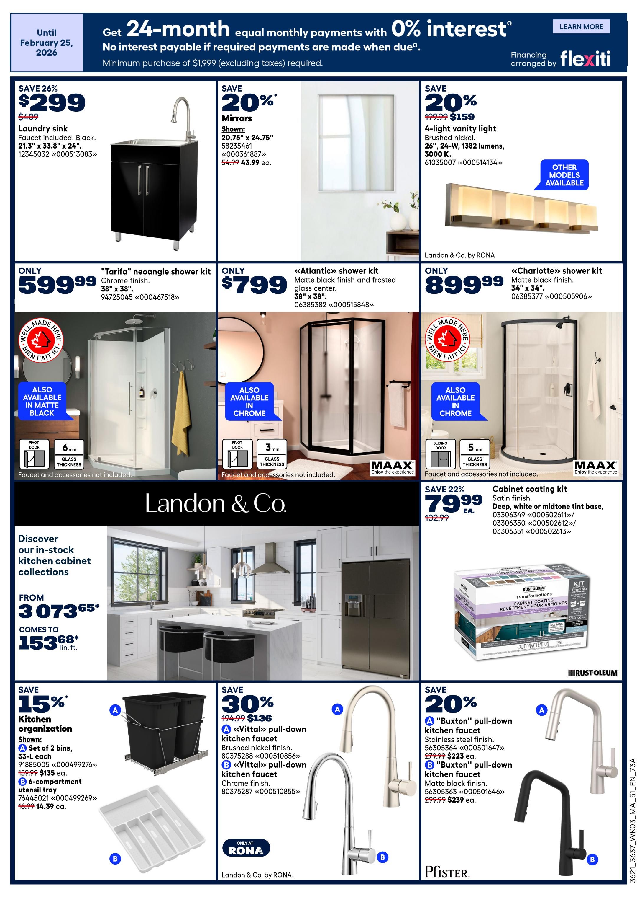 Rona Atlantic Canada flyer page 5 features a variety of home improvement and kitchen products. Top row includes a black laundry sink with faucet for $299 (save 26%), a 20.75' x 24.75' mirror for $43.99 (save 20%), and a 4-light vanity light in brushed nickel for $159 (save 20%). Below, find the 'Tarifa' neoangle shower kit in chrome finish for $599.99, the 'Atlantic' shower kit in matte black finish for $799, and the 'Charlotte' shower kit in matte black finish for $899.99. The middle section highlights Landon & Co. kitchen cabinet collections, with a special offer from $3,073.65 down to $153.68 lin. ft. The bottom row showcases kitchen organization items: a set of 2 bins (33-L each) for $135 (save 15%) and a 6-compartment utensil tray for $14.39 (save 15%). Also featured are two 'Vittal' pull-down kitchen faucets, available in brushed nickel (A) and chrome finish (B), both for $136 (save 30%). Finally, the 'Buxton' pull-down kitchen faucets are shown in stainless steel finish (A) for $223 and matte black finish (B) for $239 (save 20%). A cabinet coating kit in satin finish, deep, white or midtone tint base, is available for $79.99 (save 22%).