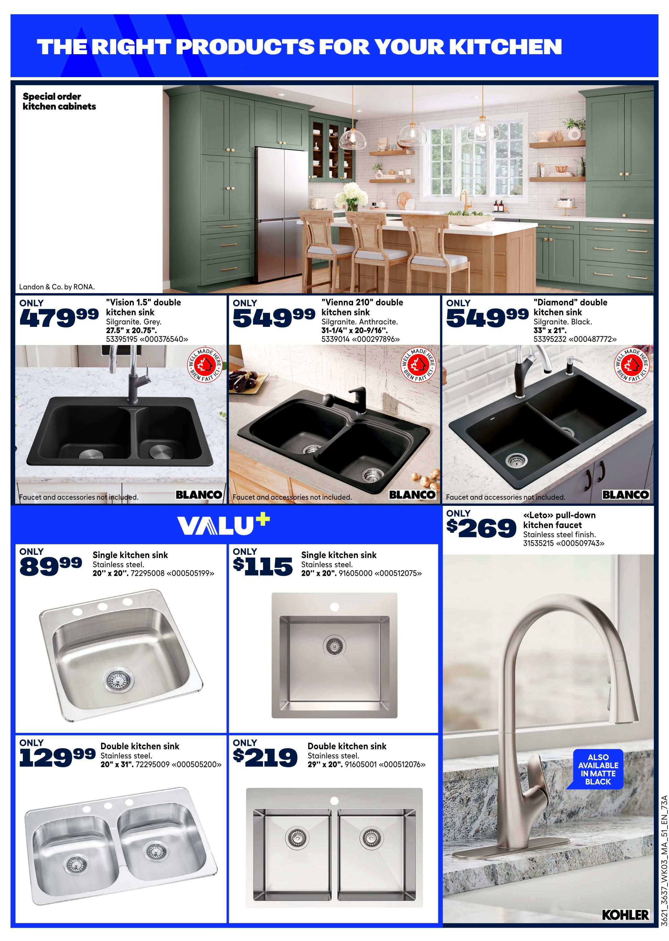 Rona Atlantic Canada flyer page 7 features kitchen sinks and faucets. Special order kitchen cabinets are shown in the background. Featured sinks include the 'Vision 1.5' double kitchen sink in Silgranite Grey for $479.99, the 'Vienna 210' double kitchen sink in Silgranite Anthracite for $549.99, and the 'Diamond' double kitchen sink in Silgranite Black for $549.99. Also available are a single stainless steel kitchen sink for $89.99 (20' x 20'), a single stainless steel kitchen sink for $115 (20' x 20'), a double stainless steel kitchen sink for $129.99 (20' x 31'), and a double stainless steel kitchen sink for $219 (29' x 20'). A 'Léto' pull-down kitchen faucet with a stainless steel finish is priced at $269 and is also available in matte black. Faucets and accessories are not included with the sinks.