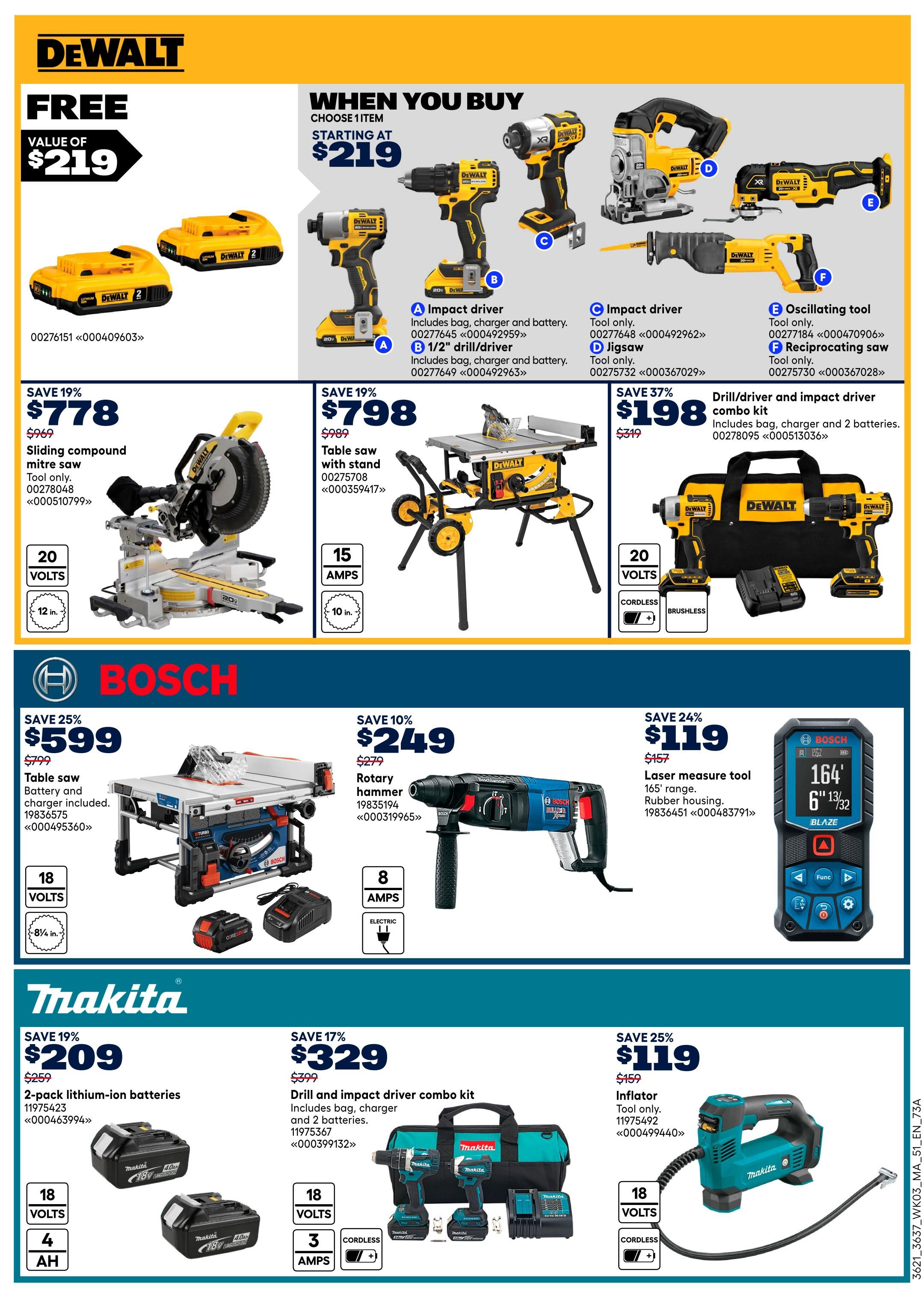 Rona flyer page 19 featuring DeWalt, Bosch, and Makita power tools. DeWalt offers a free value of $219 when you buy select items starting at $219, including an impact driver, drill/driver, impact driver, jigsaw, reciprocating saw, or oscillating tool. Also featured are a DeWalt sliding compound mitre saw on sale for $778 (save 19%), a DeWalt table saw with stand for $798 (save 19%), and a DeWalt drill/driver and impact driver combo kit for $198 (save 37%) including bag, charger, and 2 batteries. Bosch offers a table saw for $599 (save 25%) with battery and charger included, a rotary hammer for $249 (save 10%), and a laser measure tool with 165' range and rubber housing for $119 (save 24%). Makita offers a 2-pack of 18-volt 4.0 Ah lithium-ion batteries for $209 (save 19%), a drill and impact driver combo kit for $329 (save 17%) including bag, charger, and 2 batteries, and an 18-volt inflator tool only for $119 (save 25%).