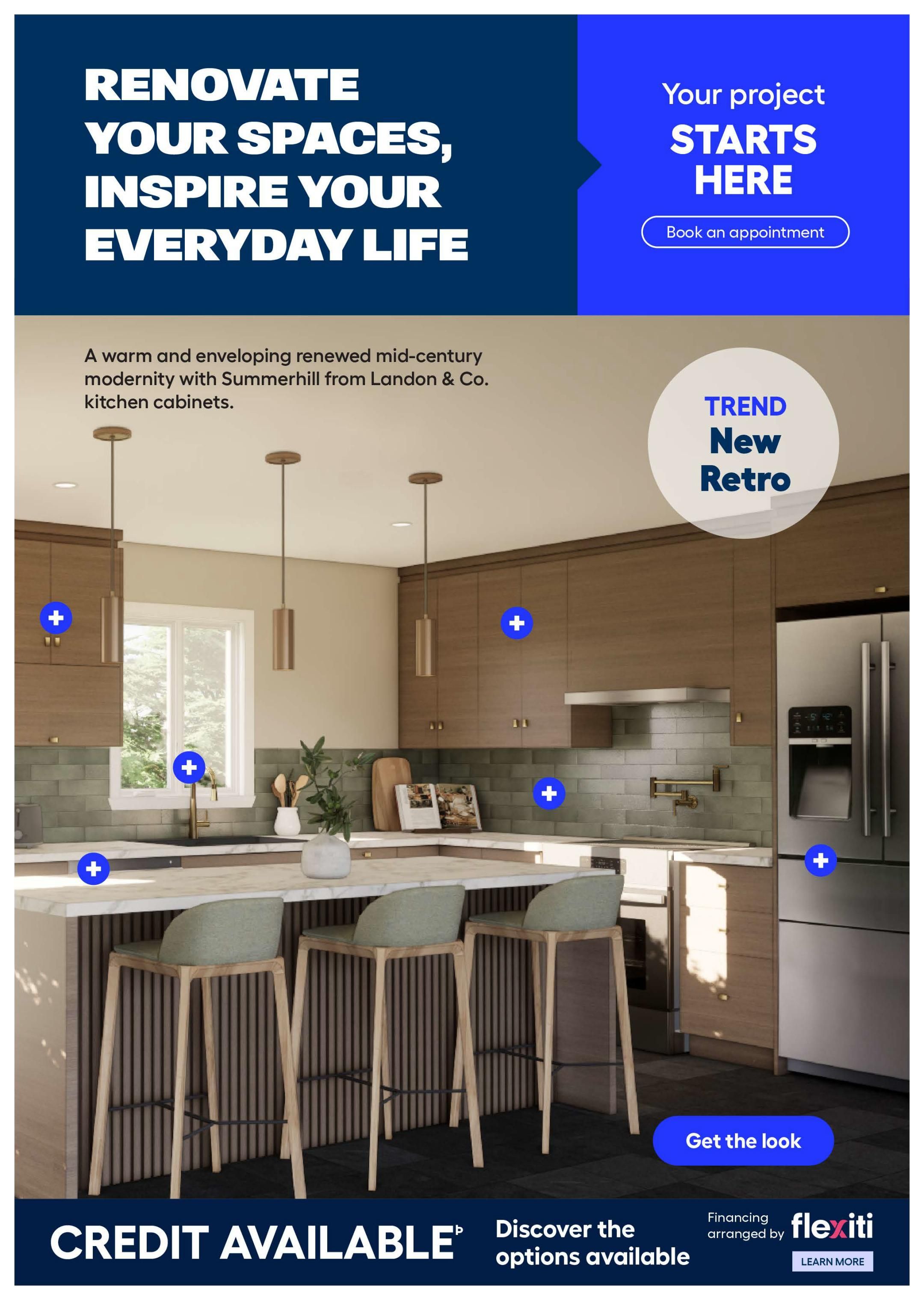 Rona flyer page 6 showcasing kitchen renovation inspiration with the 'Trend New Retro' style. The page features a modern kitchen with Summerhill cabinets from Landon & Co., marble countertops, and green tiled backsplash. Text highlights 'Renovate Your Spaces, Inspire Your Everyday Life' and 'Your project STARTS HERE' with an option to 'Book an appointment'. A 'Get the look' button is present, along with information about 'CREDIT AVAILABLE' and financing arranged by Flexiti. Discover options available and learn more about financing.