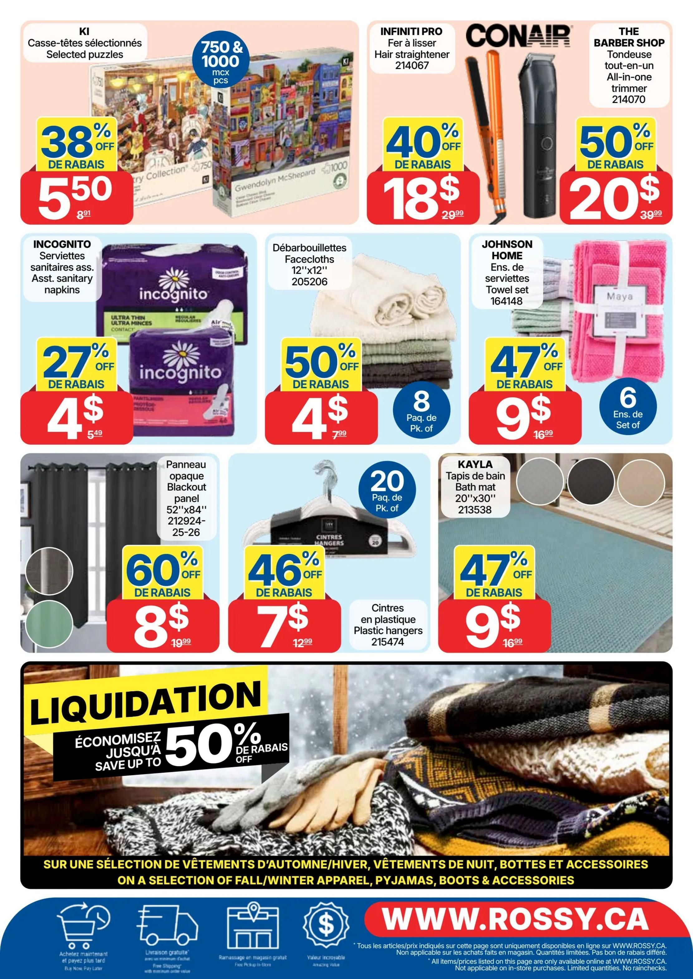 Rossy flyer specials page 2. Features selected puzzles for $5.50 (38% off), Infiniti Pro hair straightener for $18 (40% off), Conair all-in-one trimmer for $20 (50% off). Also includes Incognito sanitary napkins for $4 (27% off), 8-pack of facecloths for $4 (50% off), Johnson Home towel sets for $9 (47% off), and black-out curtain panels for $8 (60% off). Additional offers include 20 pack of plastic hangers for $7 (46% off) and Kayla bath mats for $9 (47% off). The bottom section highlights a liquidation sale with up to 50% off on a selection of fall/winter apparel, pyjamas, boots & accessories. Visit WWW.ROSSY.CA for online exclusive deals.