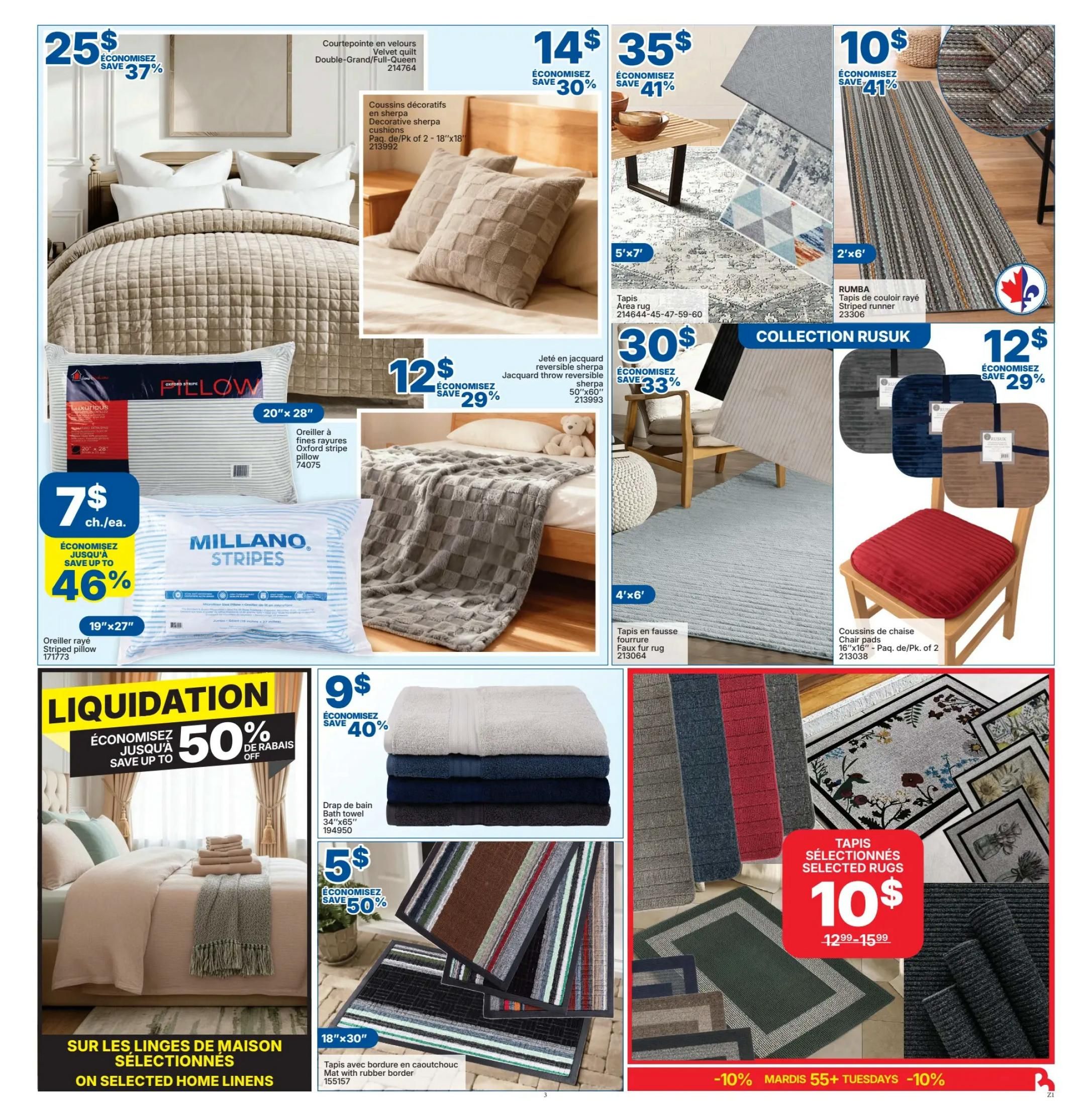 Rossy flyer page 4 features home linens and rugs. A large quilted bedspread is shown, with a plush throw pillow. Another section displays decorative sherpa cushions for $25, saving 37%. Area rugs are available in various sizes and patterns, with a 5'x7' rug for $14 (save 30%) and a 2'x6' RUMBA striped runner for $10 (save 41%). A 50'x60' jacquard reversible sherpa throw is on sale for $12 (save 29%). Pillows are featured, including a 20'x28' Oxford stripe pillow and a 19'x27' Millano stripes jumbo pillow, both on sale for $7 each, saving up to 46%. A 'Liquidation' section highlights selected home linens with savings up to 50% off. Bath towels are $9, and 18'x30' mats with rubber borders are $5 (save 50%). Selected rugs are priced at $10, with previous prices ranging from $12.99 to $15.99. Additionally, there's a promotion for -10% off on Tuesdays for 55+ customers.