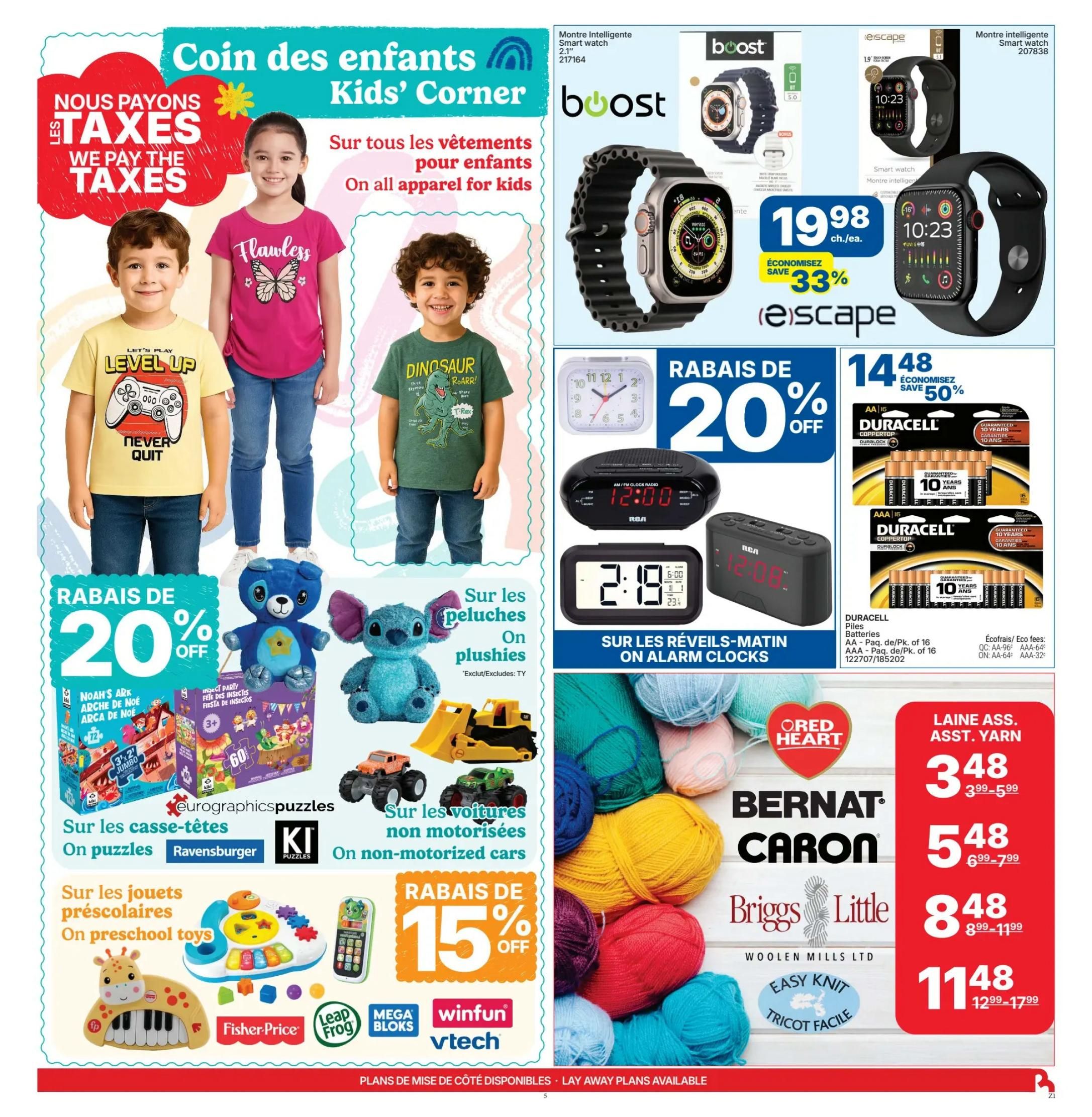 Rossy flyer page 6 features a Kids' Corner with 'We Pay The Taxes' promotion on all apparel for kids. Featured items include 'Flawless' t-shirts and dinosaur-themed shirts. Also on sale are plushies and toy construction vehicles with a 20% discount. Puzzles from Ravensburger and KI are available, along with preschool toys from Fisher-Price, Leap Frog, Mega Bloks, and Vtech. On the right side, Boost and Escape smartwatches are advertised, with one model priced at $19.98 and saving 33%. Duracell AA and AAA batteries are on sale with a 50% discount. Alarm clocks are featured with a 20% discount. Assorted yarn from Red Heart, Bernat, Caron, Briggs & Little, and Woolen Mills Ltd. is also available, with prices ranging from $3.48 to $11.48.