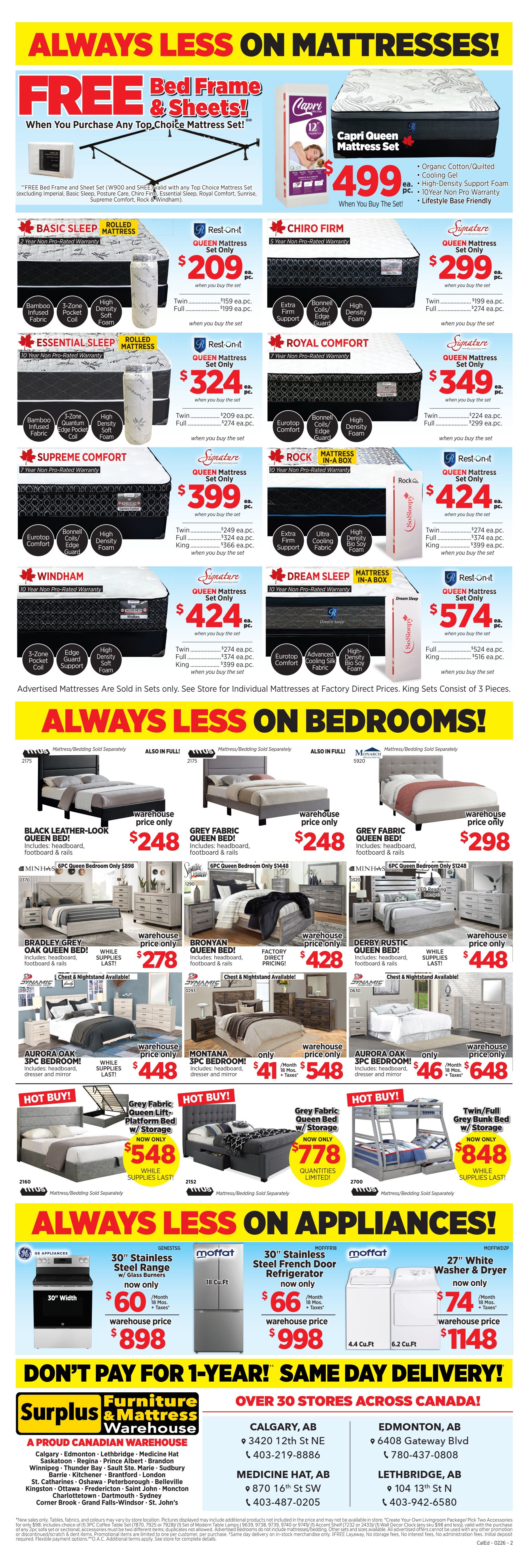Surplus Furniture & Mattress Warehouse flyer specials page 2 features a 'FREE Bed Frame & Sheets!' promotion with the purchase of any Top Choice Mattress Set (excluding specific models). Featured mattress sets include the Capri Queen Mattress Set for $499, Basic Sleep Rolled Mattress Queen Set for $209, Rest-on-it Queen Mattress Set for $324, Supreme Comfort Queen Mattress Set for $399, Chiro Firm Queen Mattress Set for $349, Rock Mattress In-A-Box Queen Set for $424, Windham Queen Mattress Set for $424, and Dream Sleep Mattress In-A-Box Queen Set for $574. The flyer also showcases bedroom sets: Black Leather-Look Queen Bed for $248, Grey Fabric Queen Bed for $298, Bradley Grey Oak Queen Bed for $278, Bronyan Queen Bed for $448, Derby Rustic Queen Bed for $448, Aurora Oak 3PC Bedroom for $548, and Montana 3PC Bedroom for $648. Hot Buys include a Grey Fabric Queen Lift-Platform Bed w/ Storage for $548 and a Twin/Full Grey Bunk Bed w/ Storage for $848. Appliance deals feature a 30' Stainless Steel Range w/ Glass Burners for $60/month, a 30' Stainless Steel French Door Refrigerator for $66/month, a 27' White Washer & Dryer for $74/month, and a 2.2 Cu.Ft. Freezer for $1148. The flyer highlights 'Always Less On Mattresses!' and 'Always Less On Bedrooms!' and 'Always Less On Appliances!' with a 'Don't Pay For 1-Year! Same Day Delivery!' offer. Store locations and contact information for Calgary and Edmonton are provided.