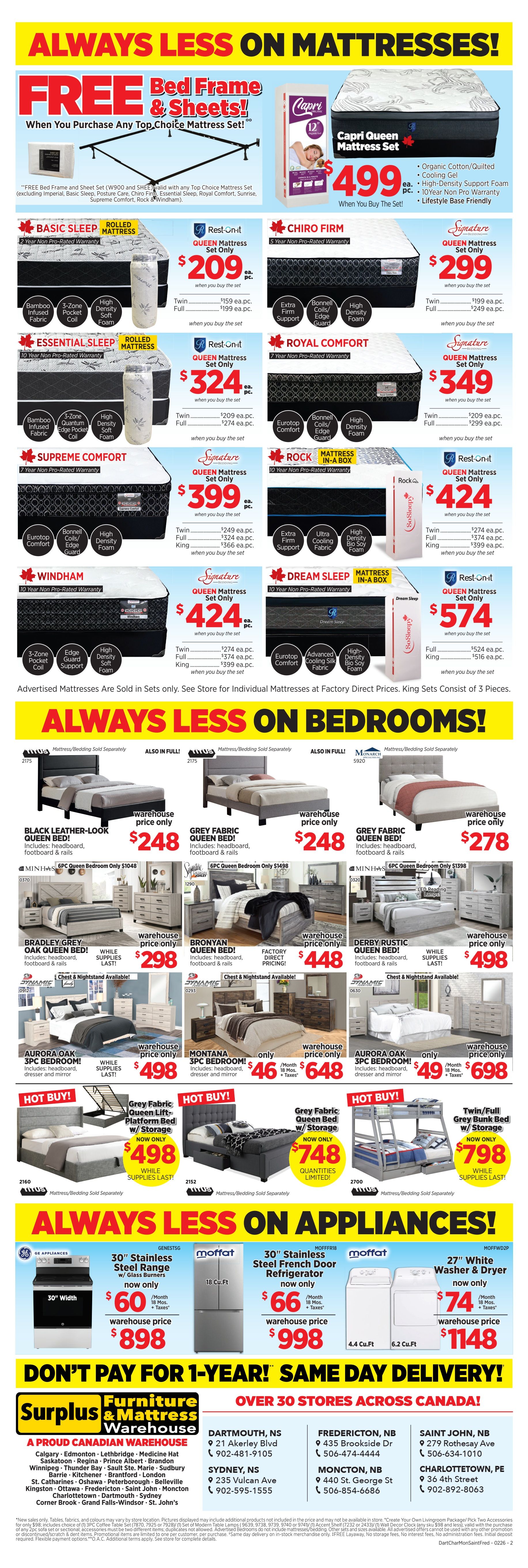 Surplus Furniture & Mattress Warehouse flyer page 2 features 'Always Less On Mattresses!' with a 'FREE Bed Frame & Sheets' offer with the purchase of any Top Choice Mattress Set (excluding specific models). Featured mattress sets include Capri Queen Mattress Set for $499, Basic Sleep Rolled Mattress Queen Set for $209, Rest-on-it Queen Mattress Set for $324, Chiro Firm Queen Mattress Set for $299, Royal Comfort Queen Mattress Set for $349, Supreme Comfort Queen Mattress Set for $399, Rock Mattress In-A-Box Queen Set for $424, Windham Queen Mattress Set for $424, and Dream Sleep Mattress In-A-Box Queen Set for $574. The page also highlights 'Always Less On Bedrooms!' with various bed sets: Black Leather-Look Queen Bed for $248, Grey Fabric Queen Bed for $248, Bradley Grey Oak Queen Bed for $298, Bronyan Queen Bed for $448, Derby Rustic Queen Bed for $498, and Aurora Oak 3PC Bedroom for $648. Hot Buys include a Grey Fabric Queen Lift-Platform Bed w/ Storage for $498 and a Twin/Full Grey Bunk Bed w/ Storage for $798. 'Always Less On Appliances!' features a 30' Stainless Steel Range w/ Glass Burners for $60/month, a 30' Width Stainless Steel French Door Refrigerator for $998, and a 27' White Washer & Dryer for $74/month. The flyer also promotes 'Don't Pay For 1-Year! Same Day Delivery!' and lists store locations across Canada.