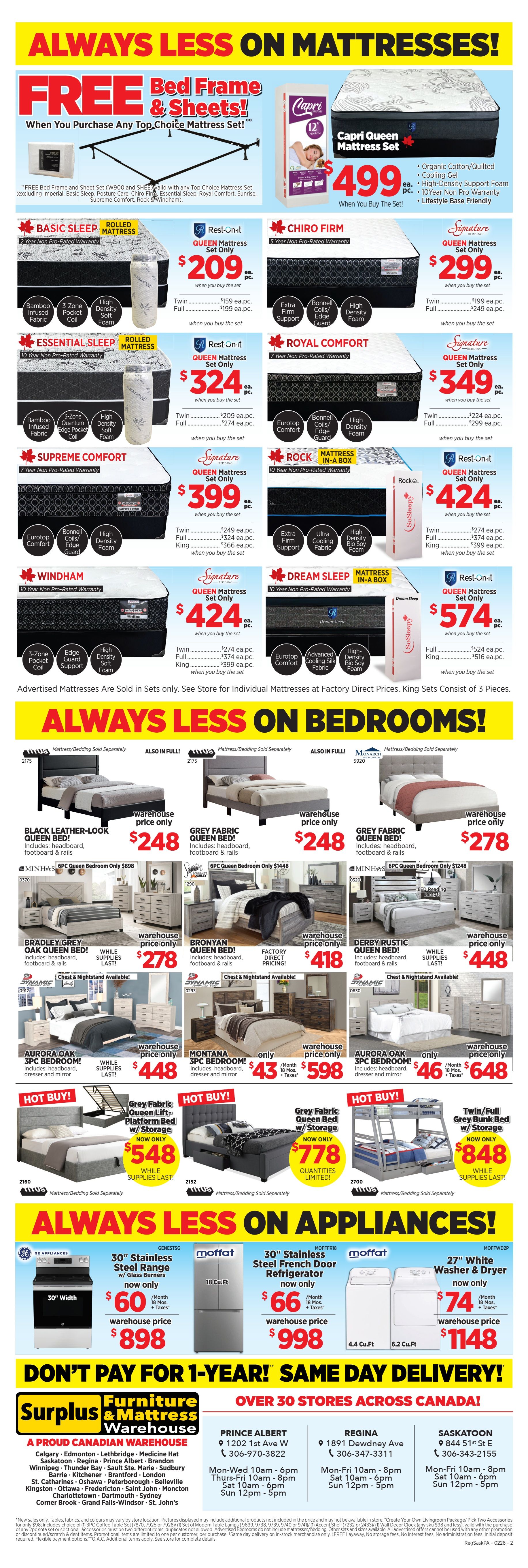 Surplus Furniture & Mattress Warehouse flyer, page 2. This page features a 'FREE Bed Frame & Sheets!' promotion with the purchase of any Top Choice Mattress Set (excluding specific models). Featured mattresses include the Capri Queen Mattress Set for $499, with features like organic cotton, cooling gel, and a 10-year warranty. Other mattress sets on sale are Basic Sleep Rolled Mattress, Rest-on-it Queen Mattress Set for $324, Chiro Firm Queen Mattress Set for $299, Essential Sleep Rolled Mattress, Royal Comfort Queen Mattress Set for $349, Supreme Comfort Queen Mattress Set for $399, Rock Mattress In-A-Box Queen Mattress Set for $424, Windham Queen Mattress Set for $424, and Dream Sleep Mattress In-A-Box for $574. The flyer also highlights bedroom sets including Black Leather-Look Queen Bed for $248, Grey Fabric Queen Bed for $278, Bradley Grey Oak Queen Bed for $278, Bronyan Queen Bed for $448, Derby Rustic Queen Bed for $418, Aurora Oak 3PC Bedroom for $598, and Montana 3PC Bedroom for $648. Hot Buys include a Grey Fabric Queen Bed with Storage for $548, a Twin/Full Grey Bunk Bed with Storage for $848, and a Grey Fabric Queen Bed with Storage for $778. Appliance deals include a 30' Stainless Steel Range for $60/month, a 30' Stainless Steel French Door Refrigerator for $66/month, and a 27' White Washer & Dryer for $74/month. The flyer emphasizes 'Always Less On Mattresses!' and 'Always Less On Bedrooms!' and 'Always Less On Appliances!'. It also promotes 'Don't Pay For 1-Year! Same Day Delivery!' and lists store locations across Canada.