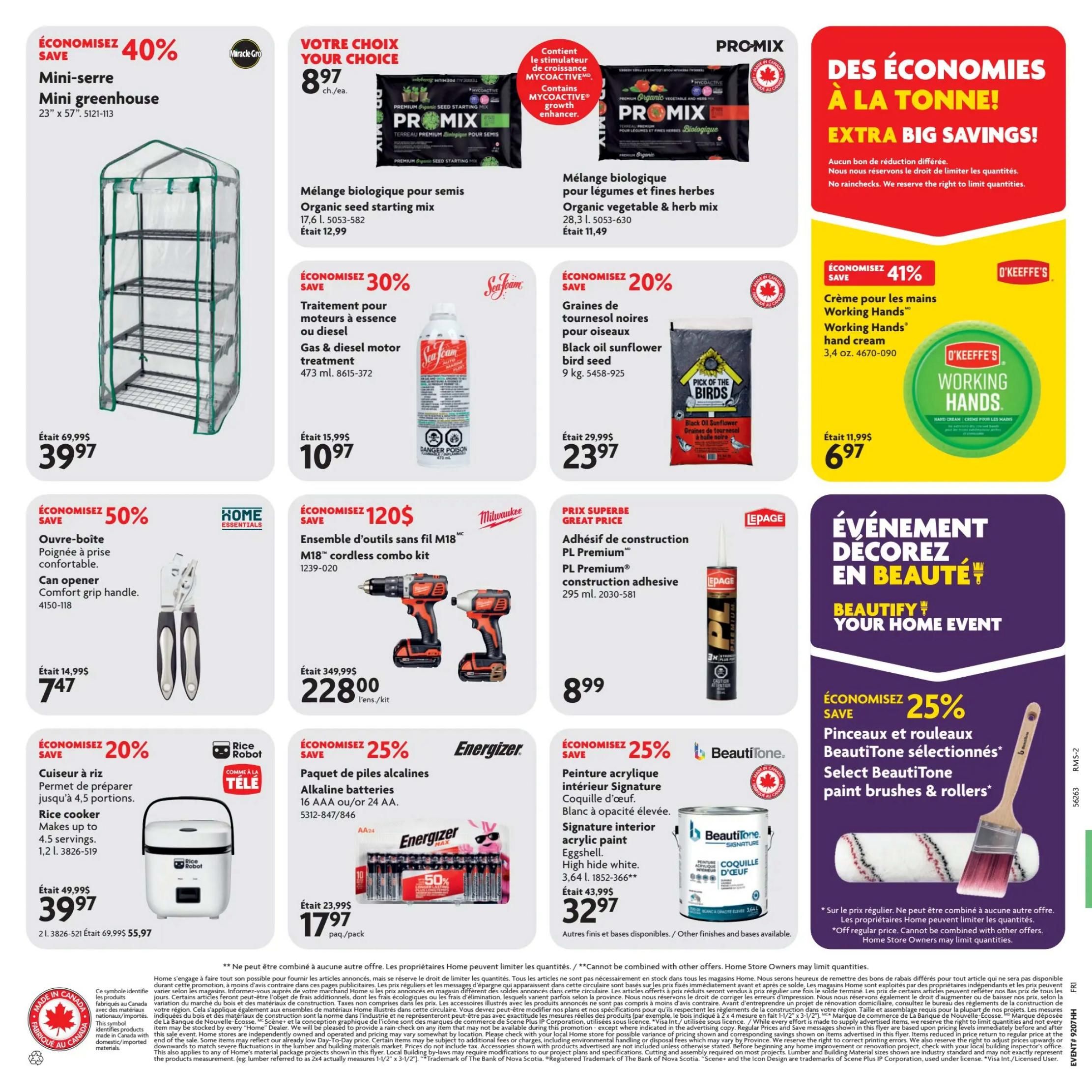 Home Hardware flyer page 2 featuring various specials. Save 40% on a Mini Greenhouse, now $39.97, originally $69.99. Save on PRO-MIX soil mixes: Organic Seed Starting Mix for $8.97 (was $12.99) and Organic Vegetable & Herb Mix for $10.97 (was $11.49). Save 30% on Gas & Diesel Motor Treatment, now $10.97. Save 41% on O'Keeffe's Working Hands Hand Cream, now $6.97 (was $11.99). Save 50% on a Home Essentials Can Opener with comfort grip handle for $7.47 (was $14.99). Save $120 on a Milwaukee M18 Cordless Combo Kit for $228.00 (was $349.99). Great price on Lepage PL Premium Construction Adhesive for $8.99. Save 20% on a Rice Cooker, makes up to 4.5 servings, for $39.97 (was $49.99). Save 25% on Energizer Alkaline Batteries (16 AA or 24 AAA) for $17.97 (was $23.99). Save 25% on Select Beautitone Paint Brushes & Rollers for $32.97 (was $43.99). The flyer also highlights a 'Beautify Your Home Event'.