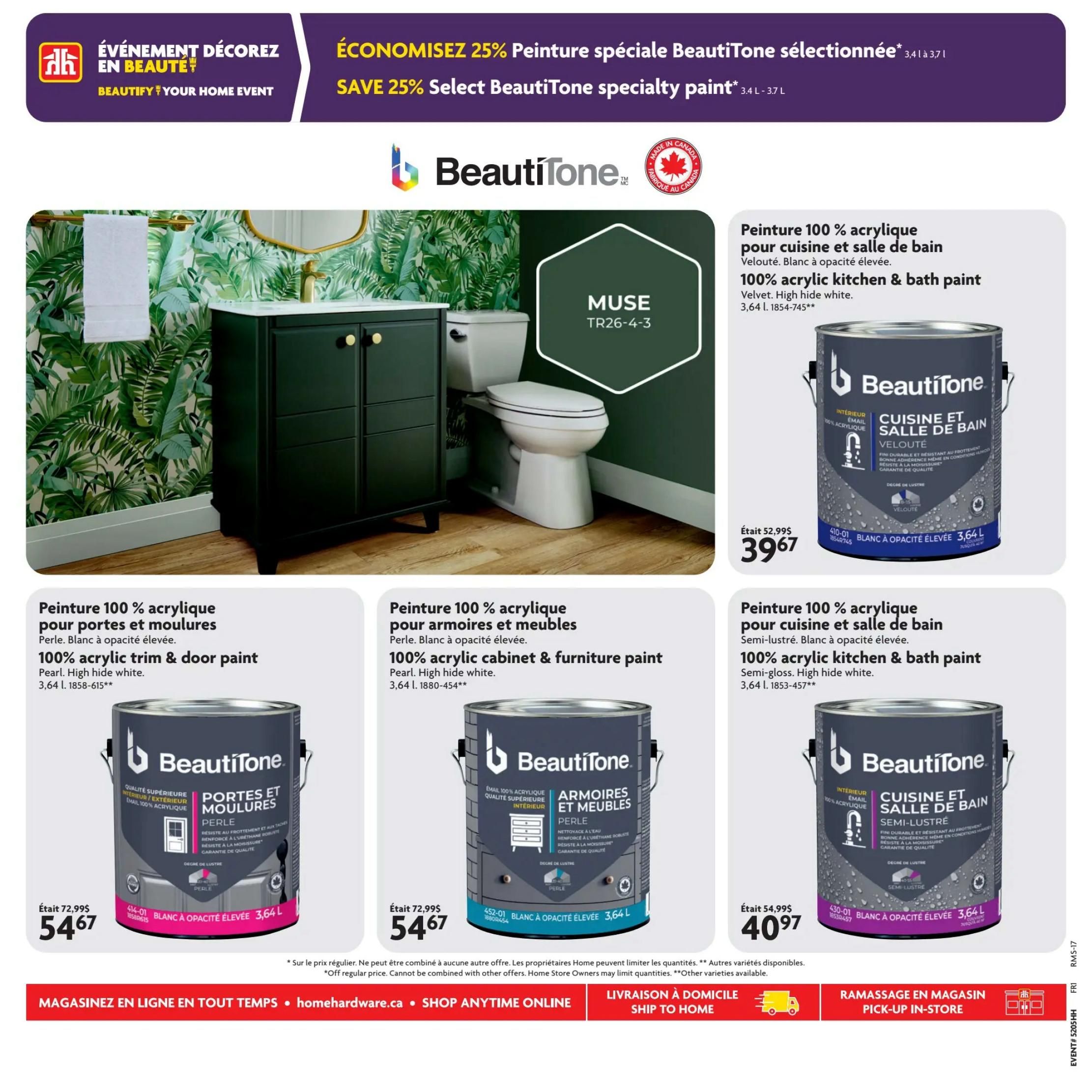 Home Hardware flyer page 7 features a 'Beautify Your Home Event' with 25% off select BeautiTone specialty paints. The page showcases BeautiTone 100% acrylic paints in various finishes and applications. Featured products include: 100% acrylic kitchen & bath paint in velvet finish, originally $52.99, now $39.67. Also available are 100% acrylic trim & door paint in pearl finish, and 100% acrylic cabinet & furniture paint in pearl finish, both originally $72.99, now $54.67. Another 100% acrylic kitchen & bath paint in semi-lustre finish is priced at $40.97, down from $54.99. The paints are available in 3.64 L containers. The page also highlights the paint colour 'Muse TR26-4-3'. Options to shop online and pick up in-store are promoted.