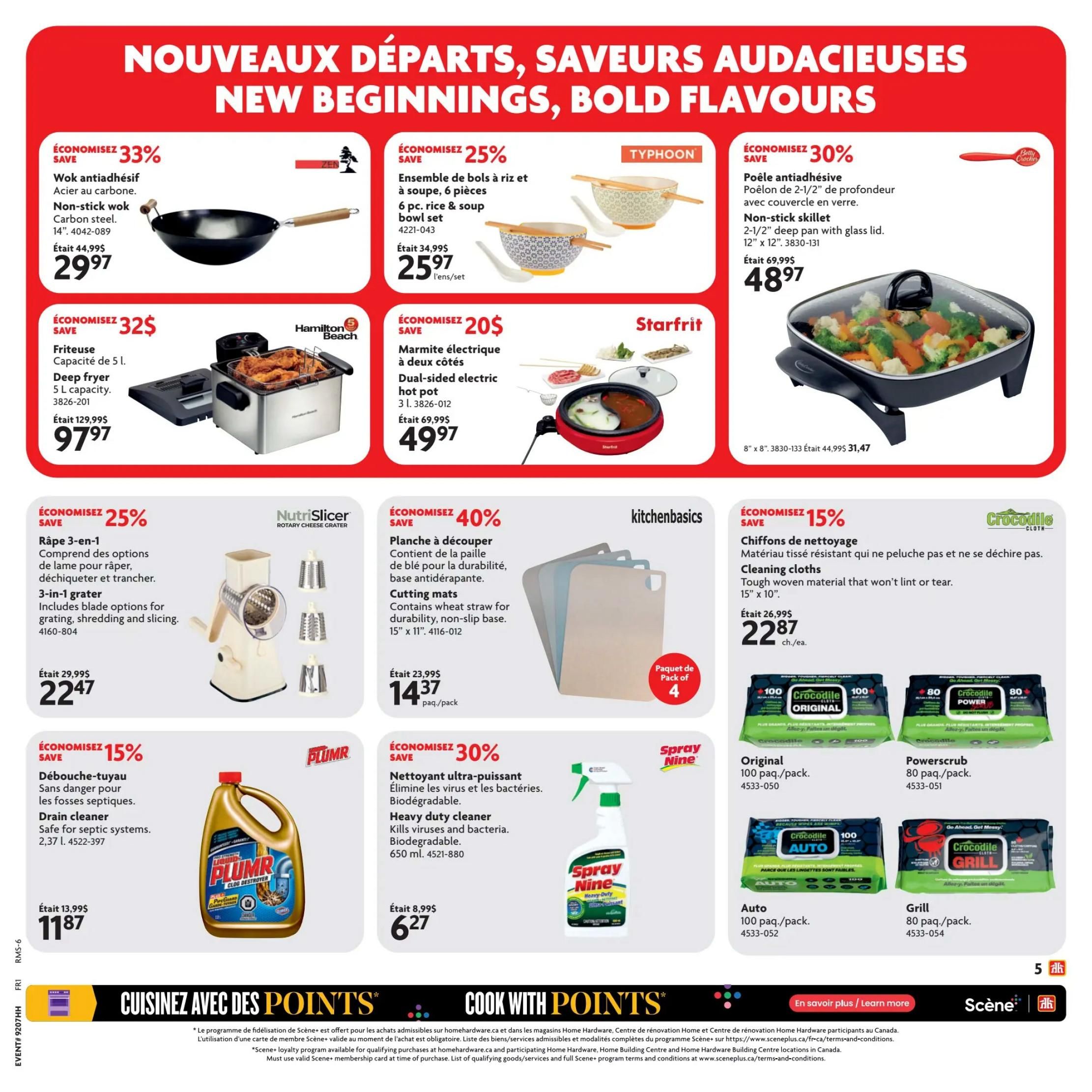 Home Hardware flyer page 10 featuring various home goods and cleaning supplies. Deals include a 14' non-stick wok for $29.97 (save 33%), a 5 L deep fryer for $97.97 (save $32), a 6-piece rice and soup bowl set for $25.97 (save 25%), a dual-sided electric hot pot for $49.97 (save $20), and a 2-1/2' deep non-stick skillet with glass lid for $48.97 (save 30%). Also featured are a 3-in-1 NutriSlicer rotary cheese grater for $22.47 (save 25%), a 4-pack of cutting mats for $14.37 (save 40%), Plumbr drain cleaner for $11.87 (save 15%), and Spray Nine heavy-duty cleaner for $6.27 (save 30%). Additionally, Crocodile Cloth cleaning cloths are available in Original (100 pack) for $22.87 (save 15%), Powerscrub (80 pack), Auto (100 pack), and Grill (80 pack). The bottom of the page promotes the 'Cook with Points' Scene+ loyalty program.