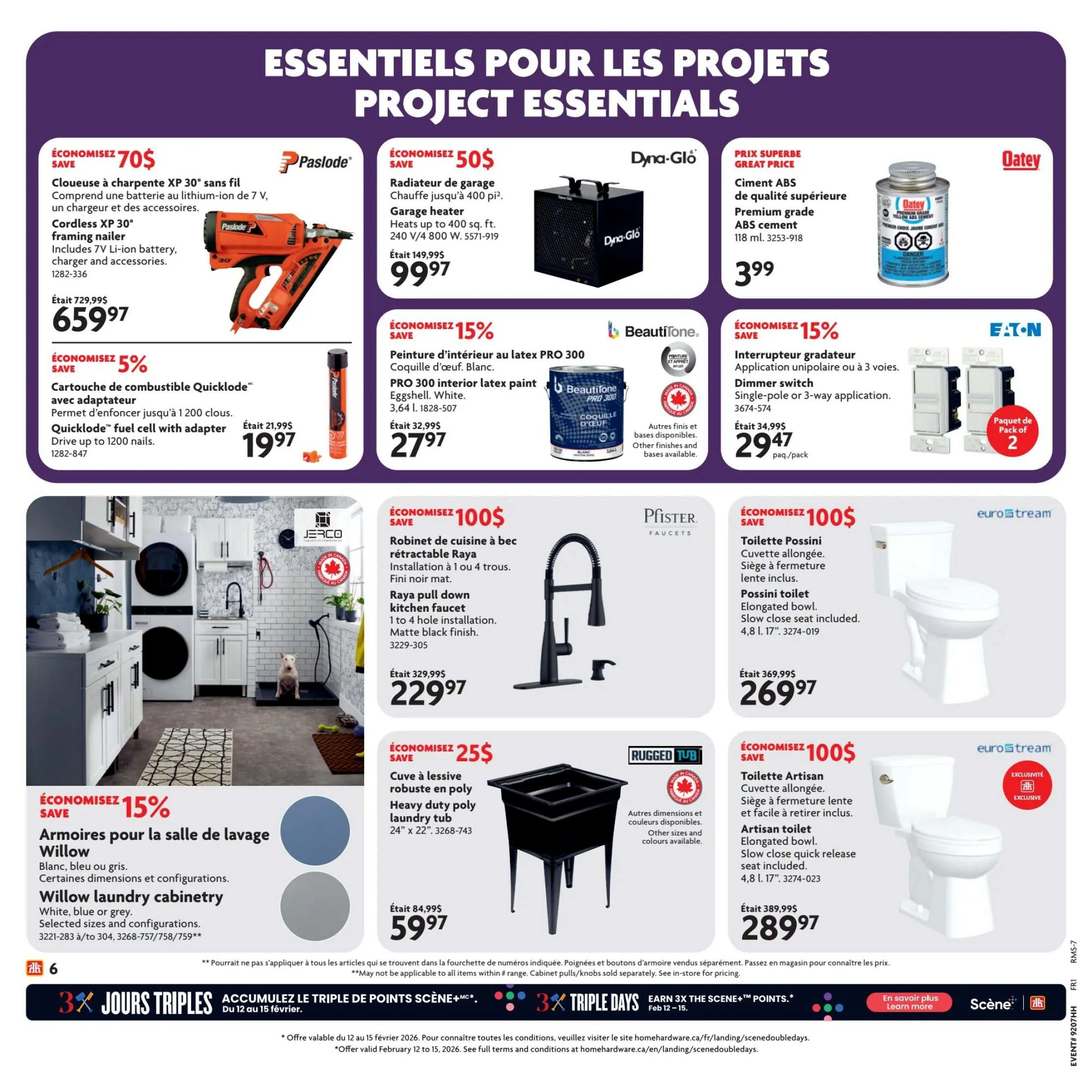 Home Hardware flyer page 11 features essential project items. Save $70 on a Paslode cordless XP 30° framing nailer with lithium-ion battery, charger, and accessories, now $659.97. Save 5% on QuickLode fuel cells with adapter, driving up to 1200 nails, for $19.97. Save $50 on a Dyna-Glo garage heater that heats up to 400 sq. ft., priced at $99.97. Save 15% on BeautiTone PRO 300 interior latex paint in Eggshell White, 3.64 L, for $27.97. Get a premium grade Oatey ABS cement, 118 ml, for $3.99. Save 15% on Eaton dimmer switches, single-pole or 3-way application, 2-pack, for $29.47. Save $100 on a Pfister Raya pull-down kitchen faucet with matte black finish, suitable for 1 to 4 hole installation, now $229.97. Save $100 on a Euro-Stream Possini toilet with an elongated bowl and slow-close seat included, for $269.97. Save 15% on Willow laundry cabinetry in white, blue, or grey, with selected sizes and configurations available. Save $25 on a Rugged Tub heavy-duty poly laundry tub, 24' x 22', for $59.97. Also features a promotion for 3X Triple Days points from February 12 to 15.