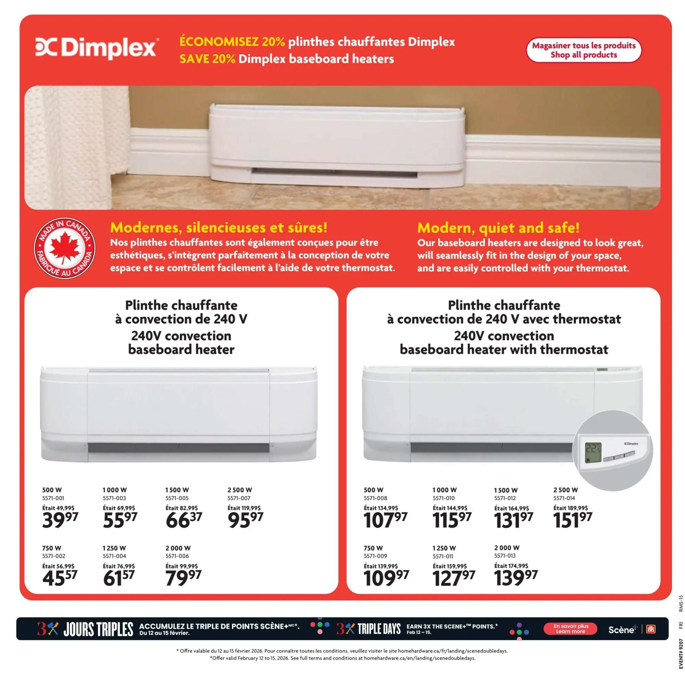 Home Hardware flyer page featuring Dimplex baseboard heaters with a 20% savings offer. The page showcases two types of 240V convection baseboard heaters: standard and with thermostat. The standard heaters are available in 500W for $39.97 (was $49.99), 750W for $45.57 (was $56.99), 1000W for $55.97 (was $69.99), 1250W for $61.57 (was $76.99), 1500W for $66.37 (was $82.99), and 2000W for $79.97 (was $99.99). The heaters with thermostats are available in 500W for $107.97 (was $134.99), 750W for $109.97 (was $139.99), 1000W for $115.97 (was $144.99), 1250W for $127.97 (was $159.99), 1500W for $131.97 (was $164.99), and 2000W for $139.97 (was $174.99). The page also highlights '3X Triple Days' for earning triple Scene+ points from February 12 to 15.